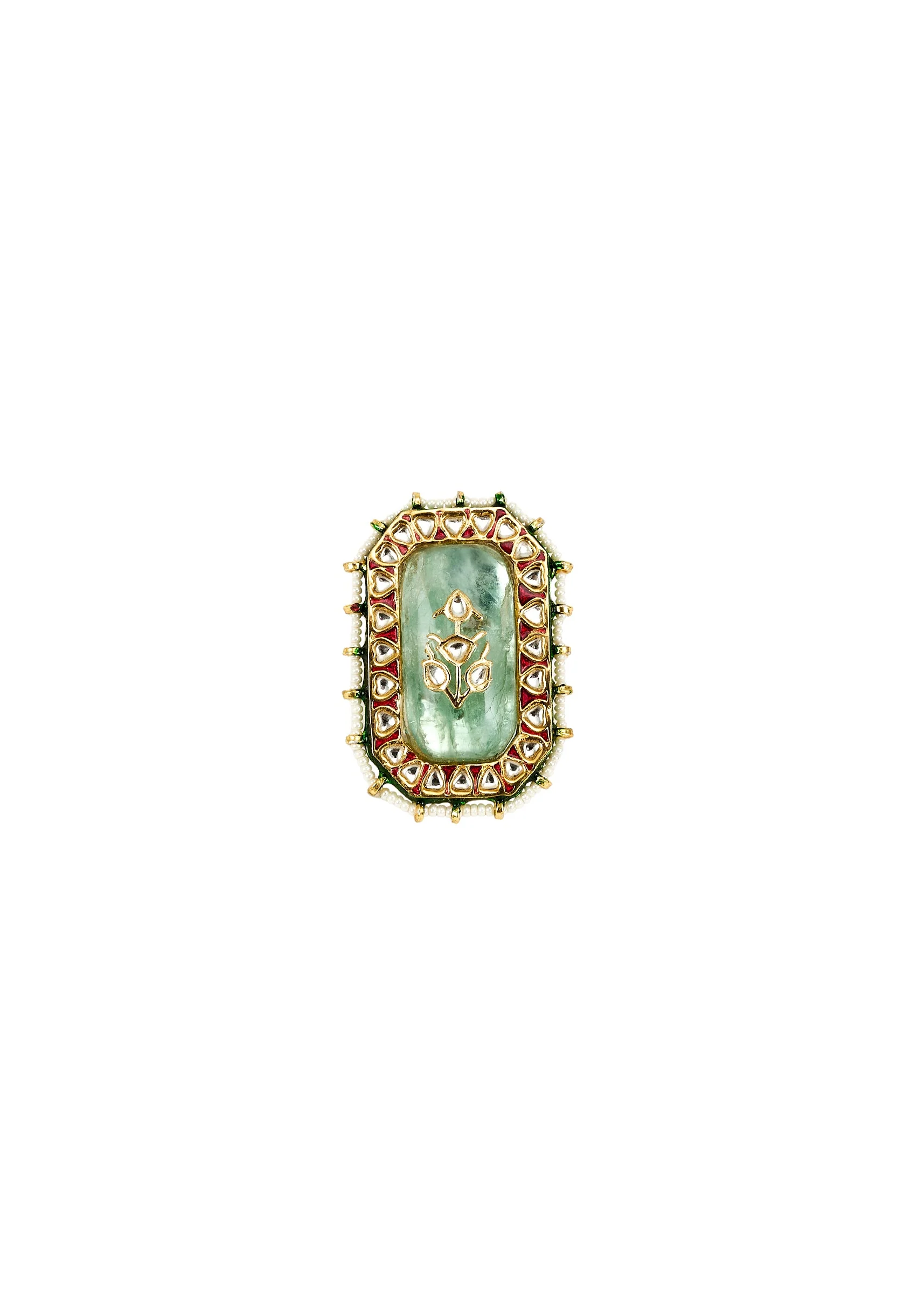 Green Meenakari Floral Motif Kundan Polki Ring - Image 2