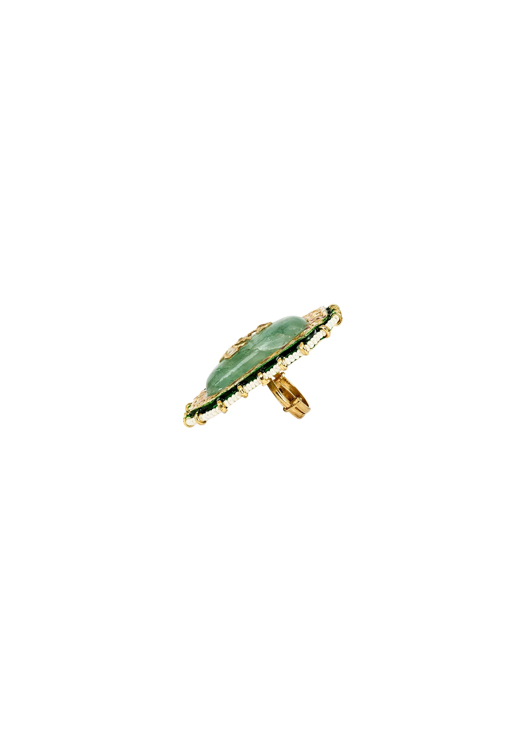 Green Meenakari Floral Motif Kundan Polki Ring - Image 3