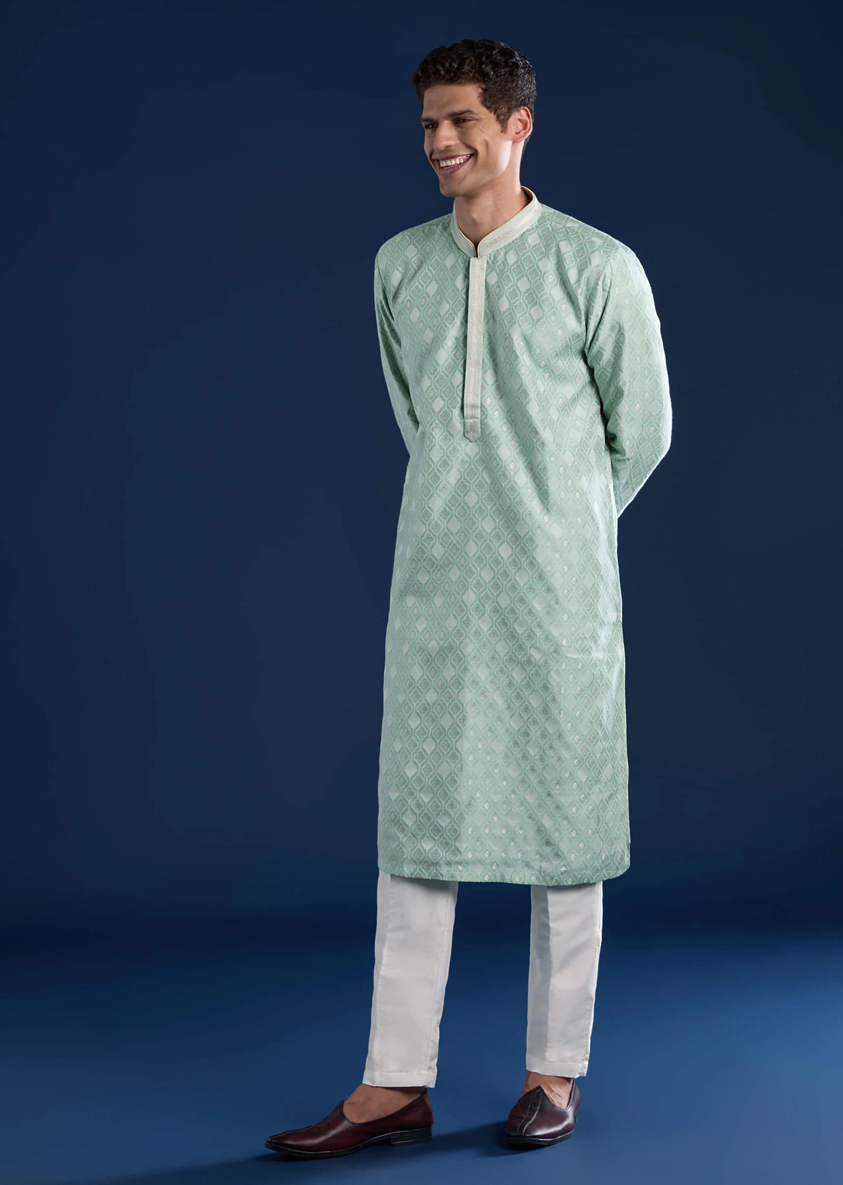 Green Mens Jacquard Self Work Kurta Set - Image 3