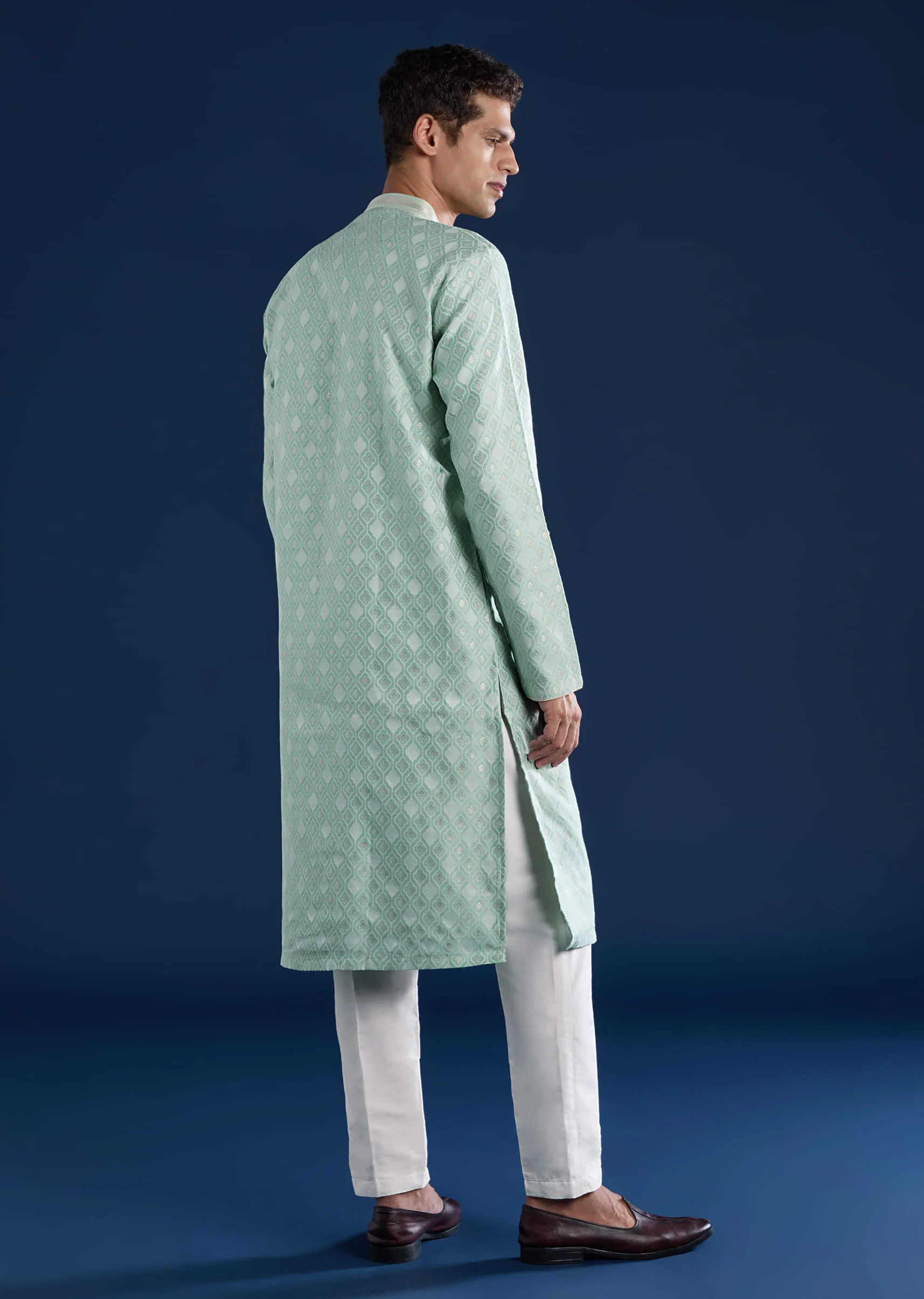 Green Mens Jacquard Self Work Kurta Set - Image 5
