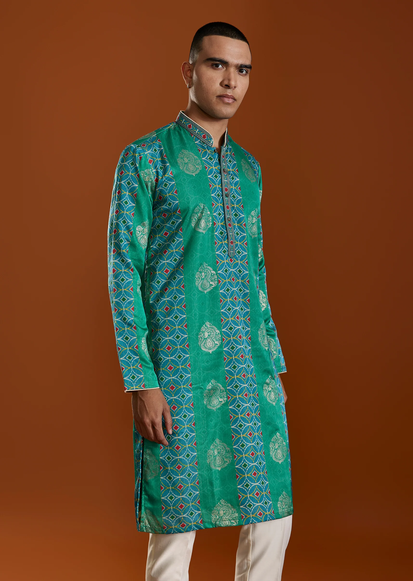 Green Mens Viscose Printed Kurta Set - Image 4
