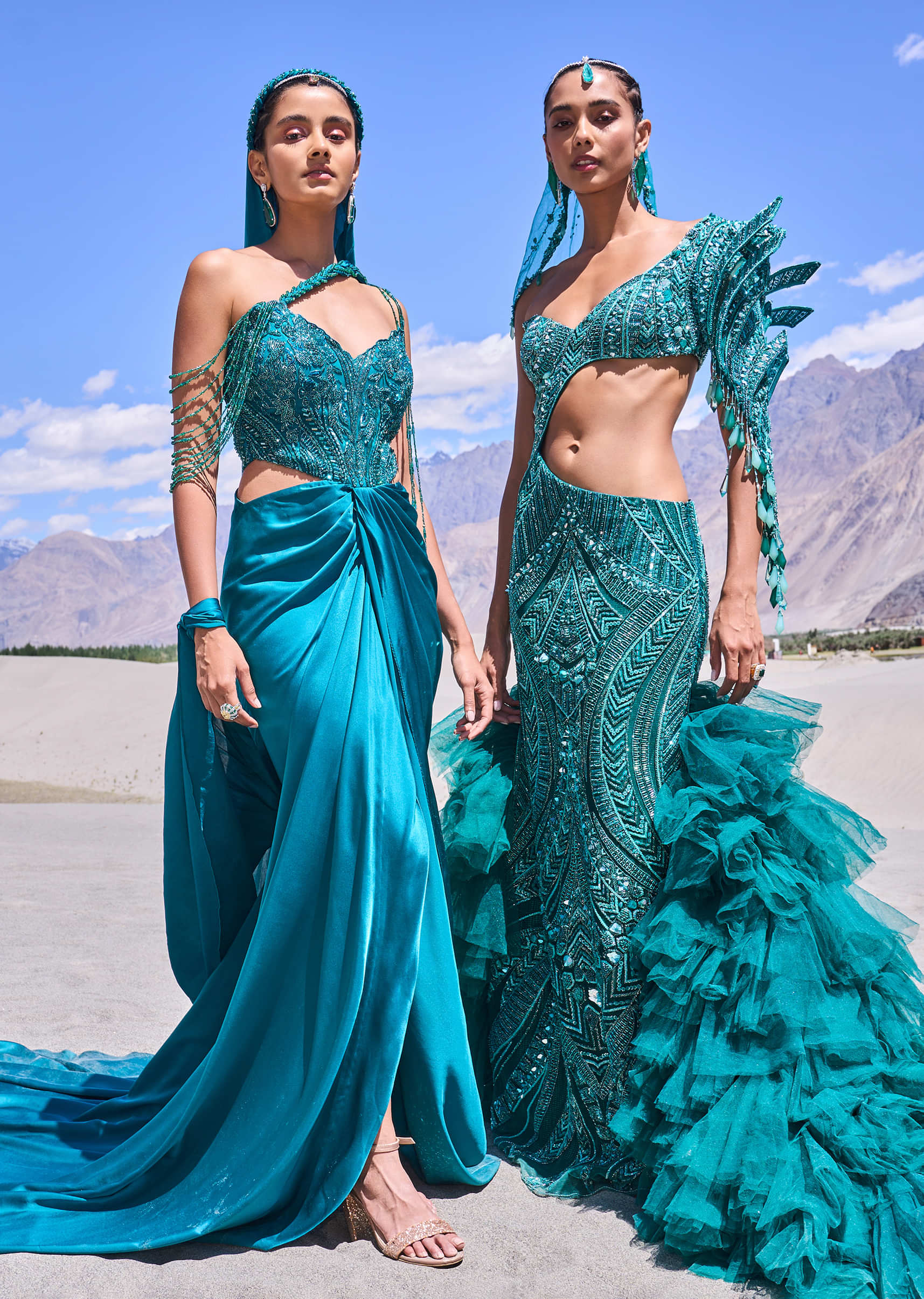 Green Mermaid Net Organza Fish Cut Gown - Image 4