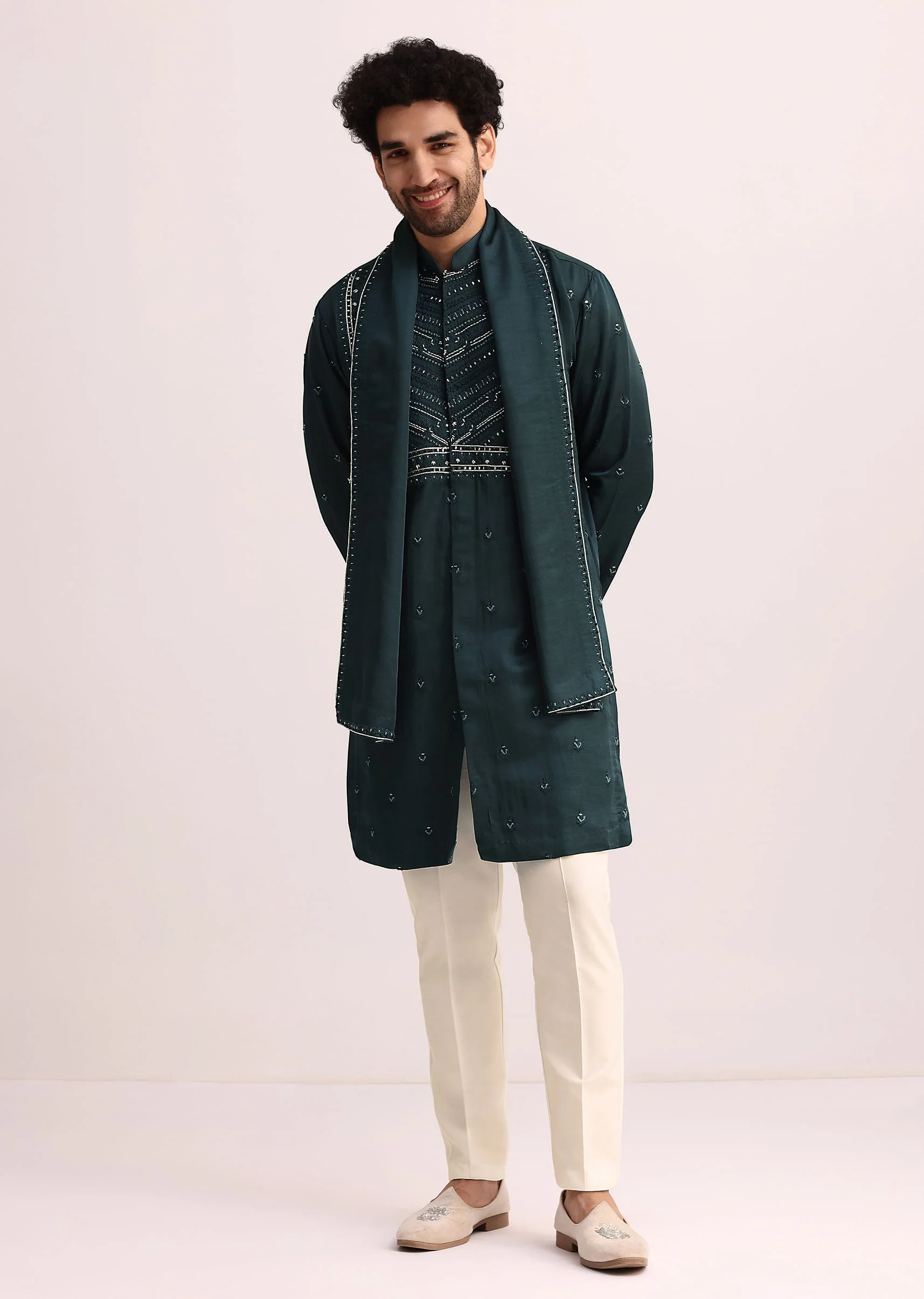 Green Mirror Embellished Kurta Set With Dupatta