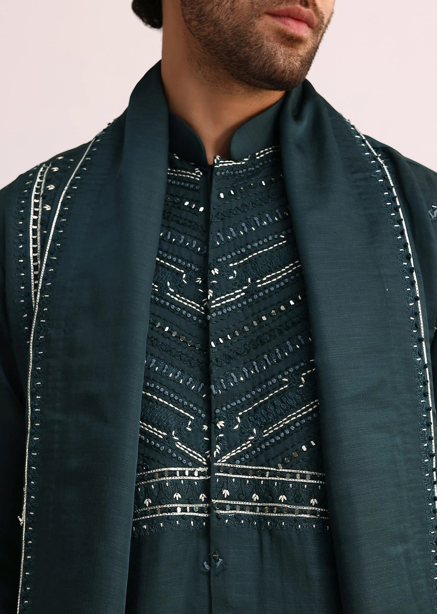 Green Mirror Embellished Kurta Set With Dupatta - Image 2