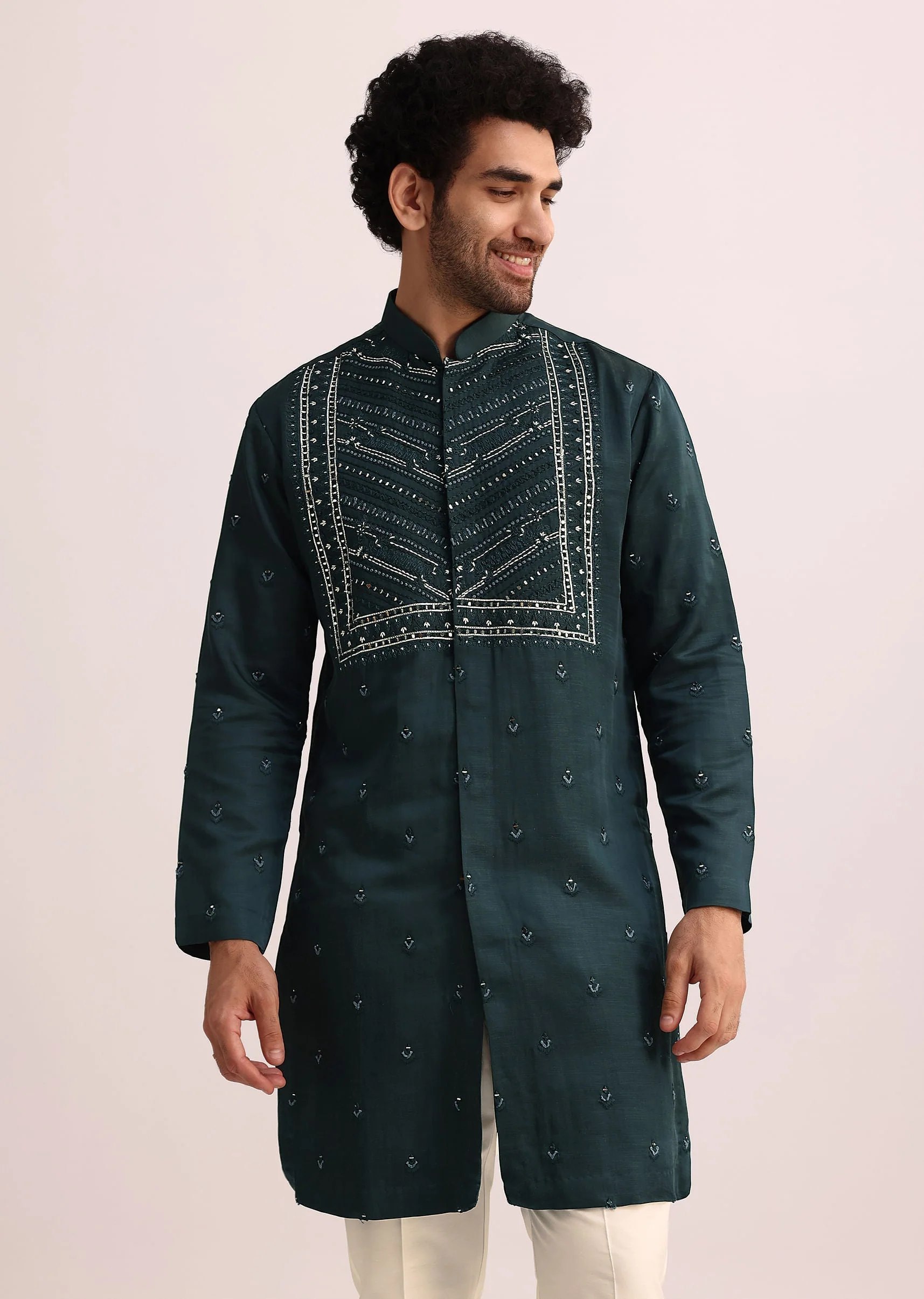 Green Mirror Embellished Kurta Set With Dupatta - Image 4