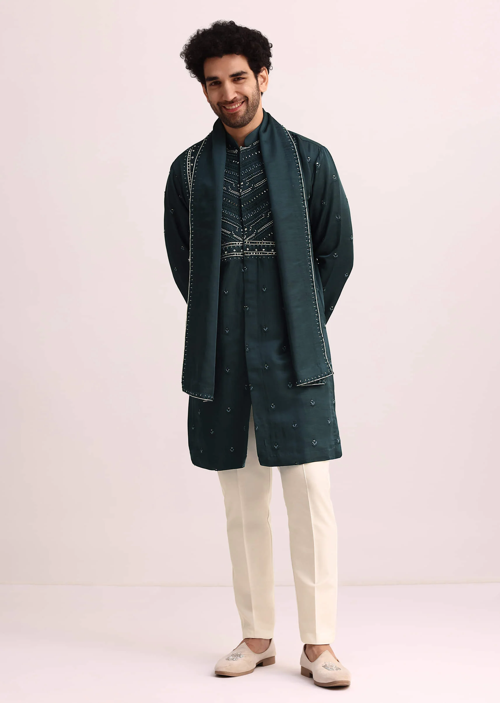 Green Mirror Embellished Kurta Set With Dupatta - Image 8