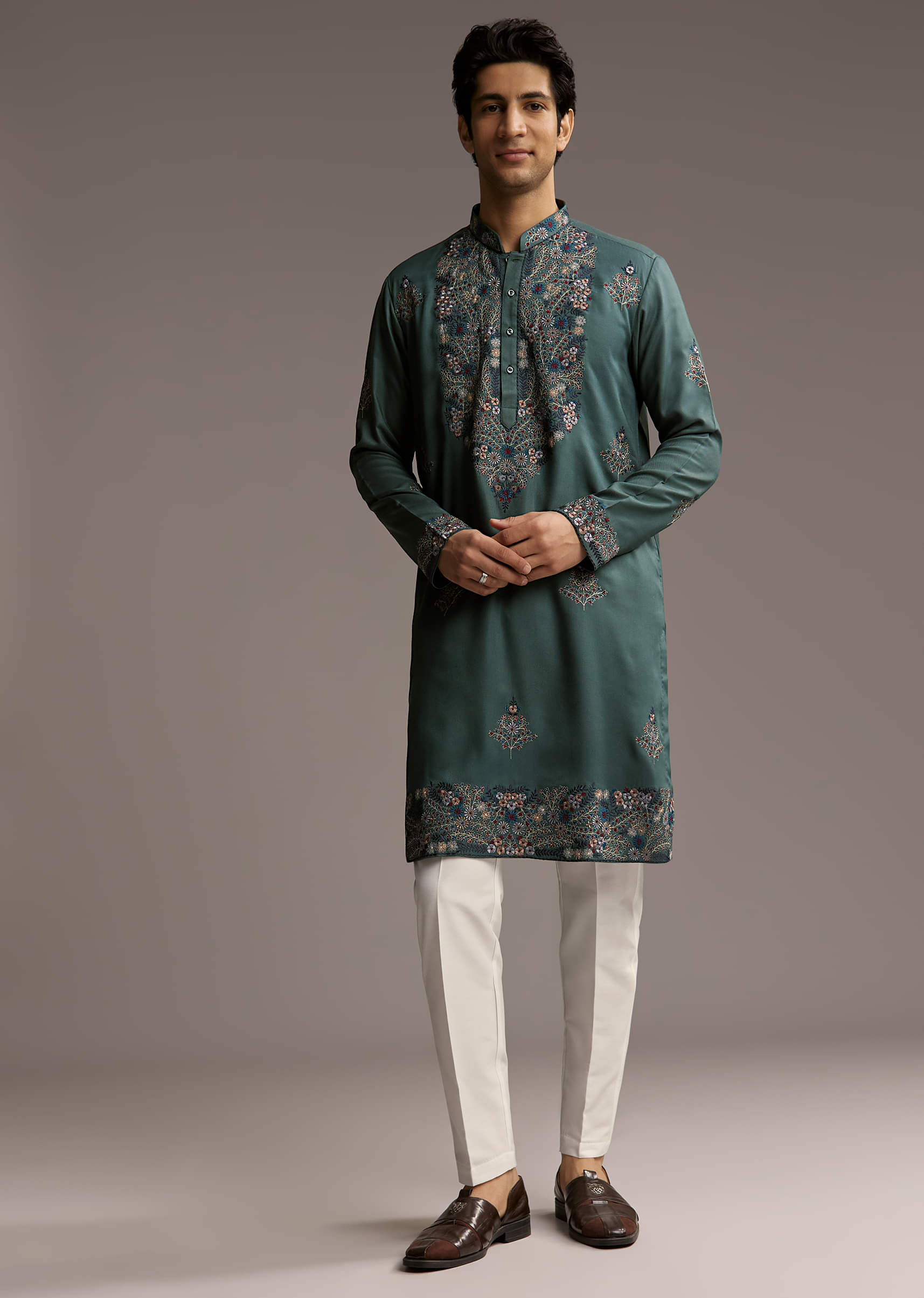 Green Modal Kurta Set For Men With Hand Embroidery - Image 7
