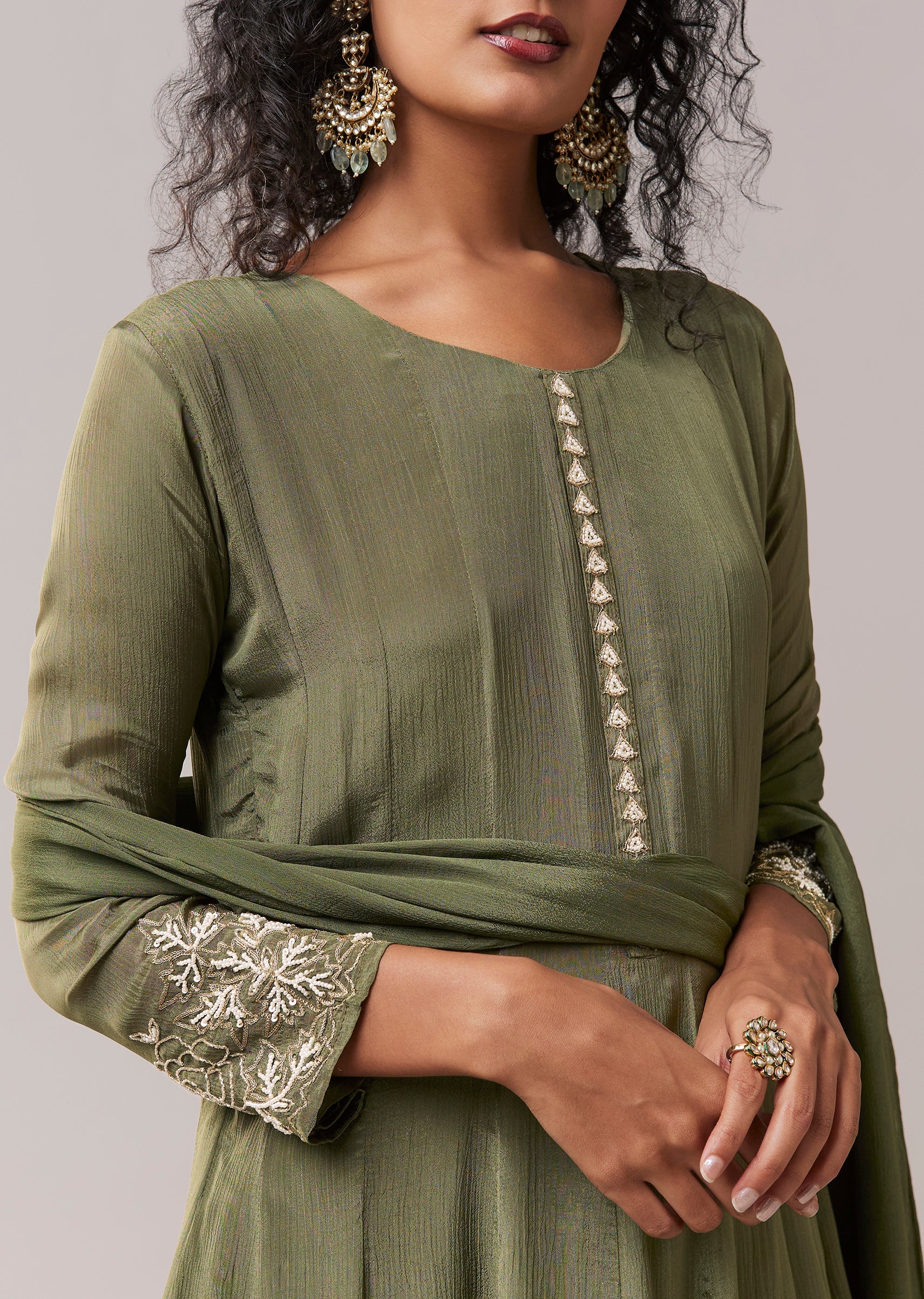 Green Moti Work Silk Embroidered Anarkali Set - Image 2