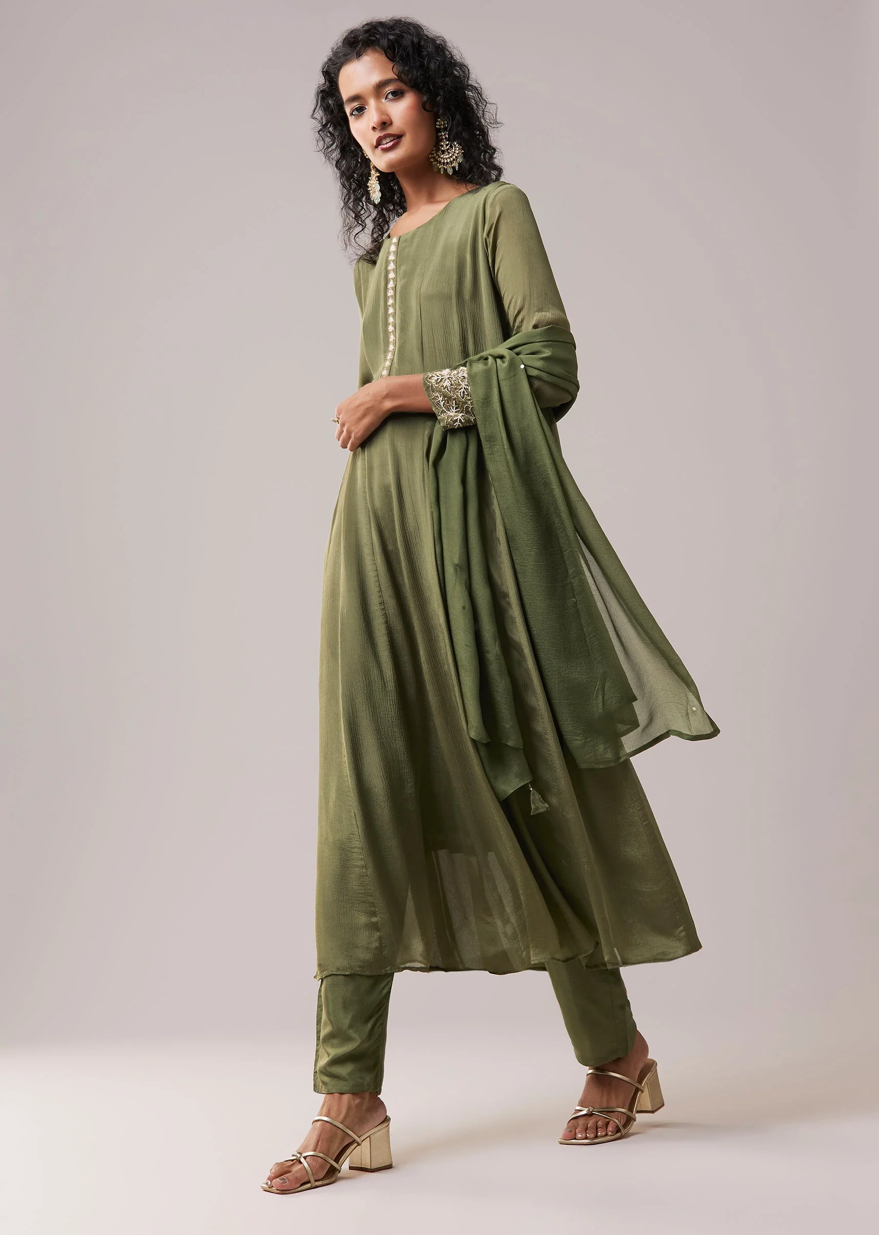 Green Moti Work Silk Embroidered Anarkali Set - Image 3