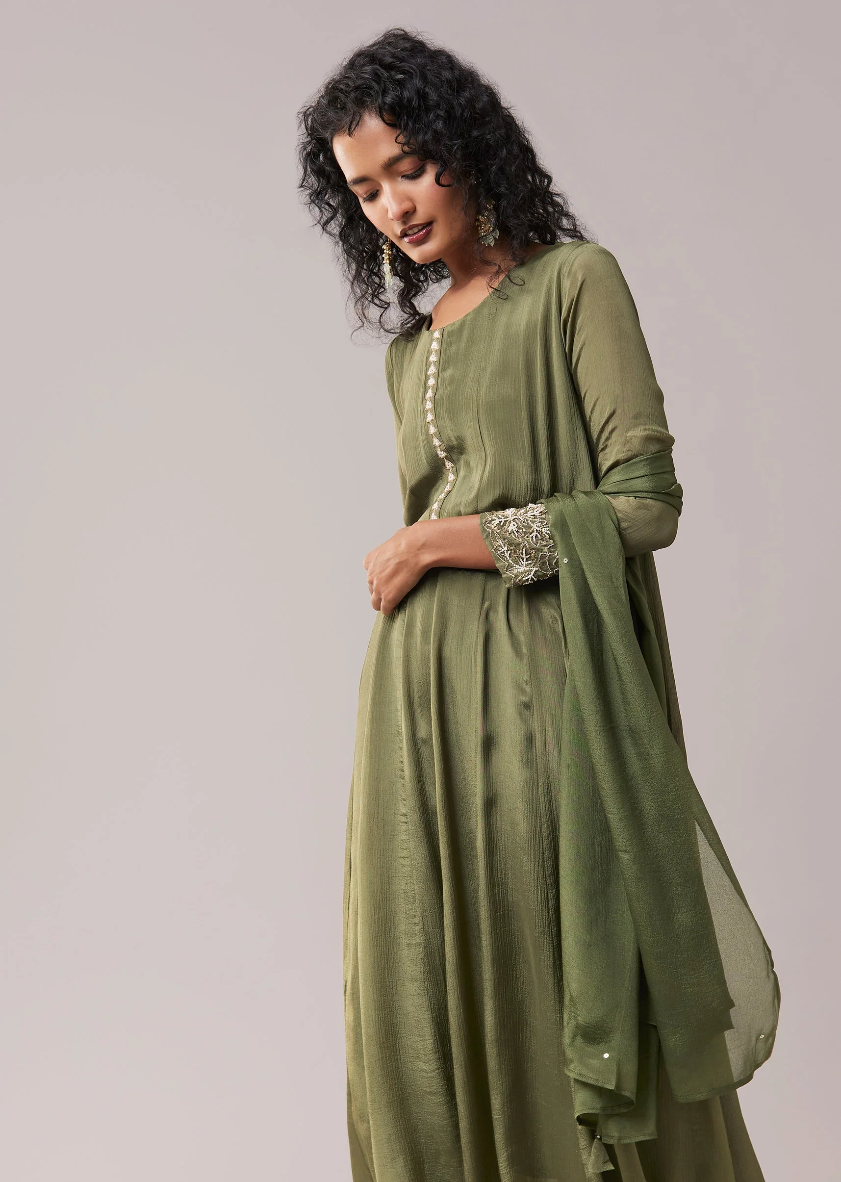 Green Moti Work Silk Embroidered Anarkali Set - Image 4