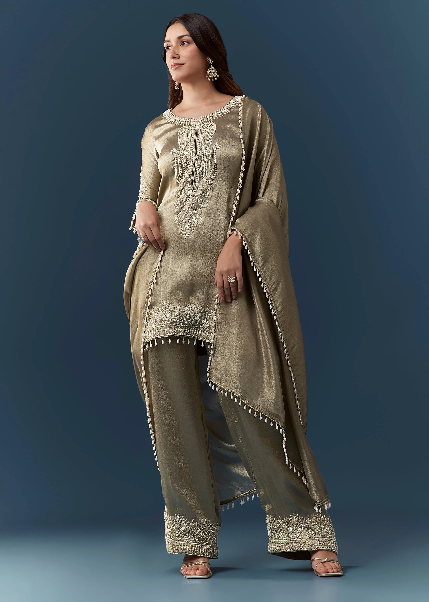 Green Moti Work Tissue Kurta Set - Image 2