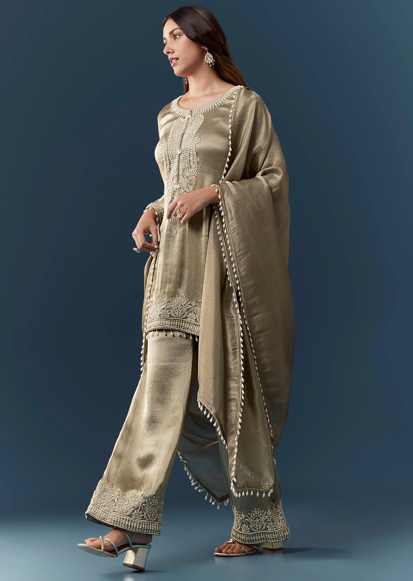 Green Moti Work Tissue Kurta Set - Image 4