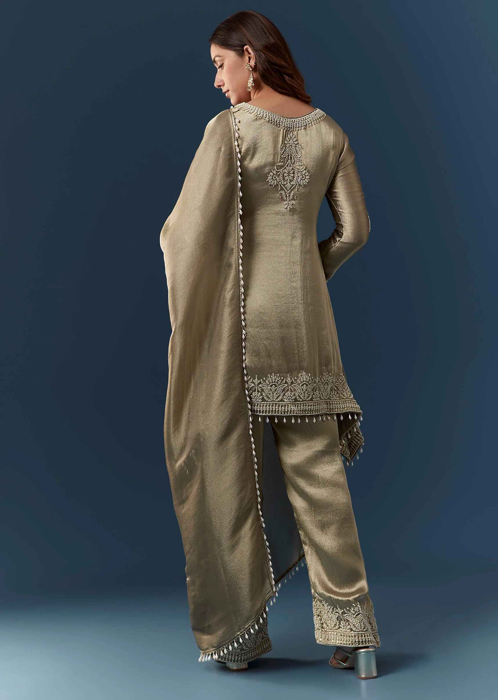 Green Moti Work Tissue Kurta Set - Image 5