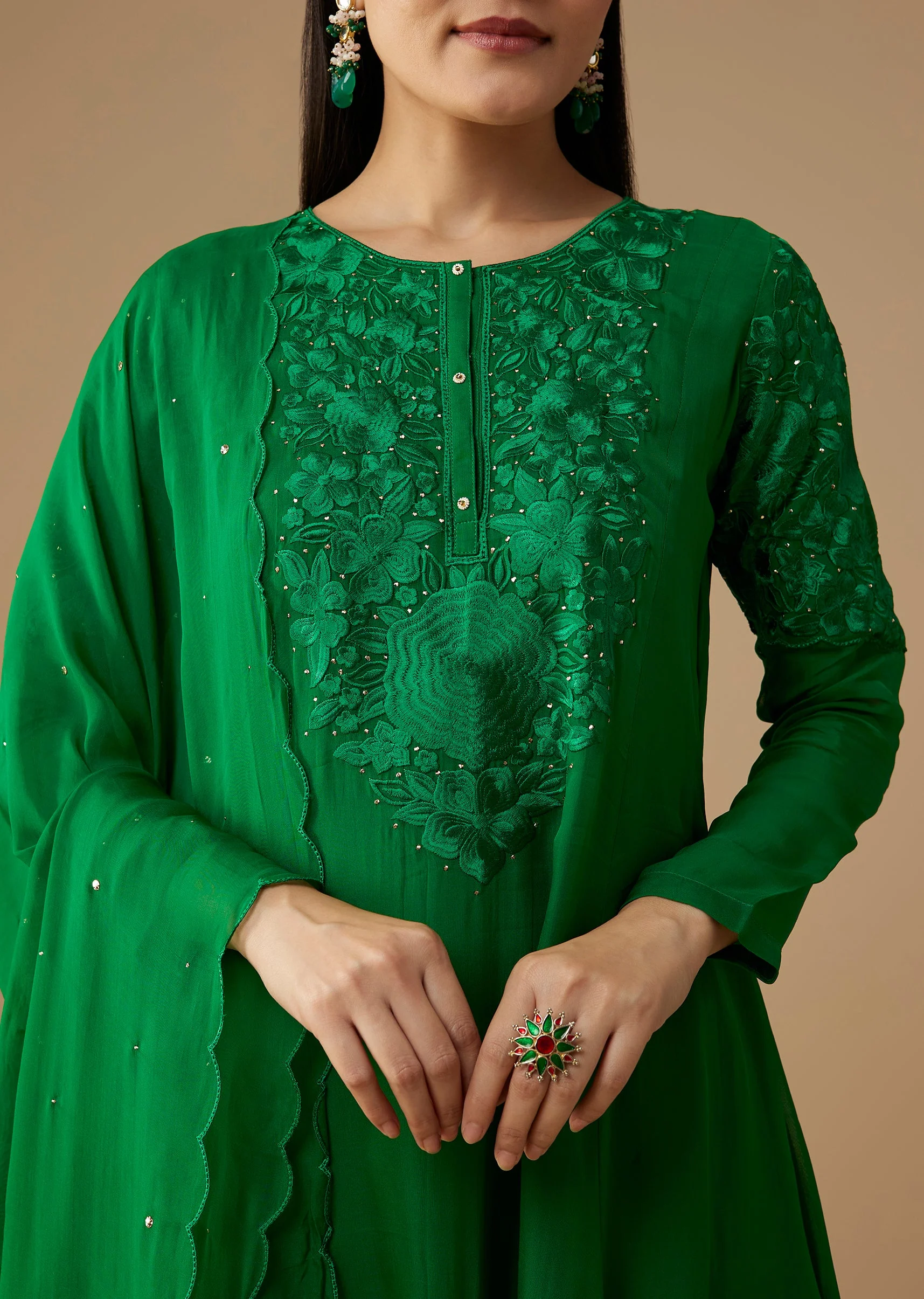 Green Mukaish Work Anarkali Set - Image 2