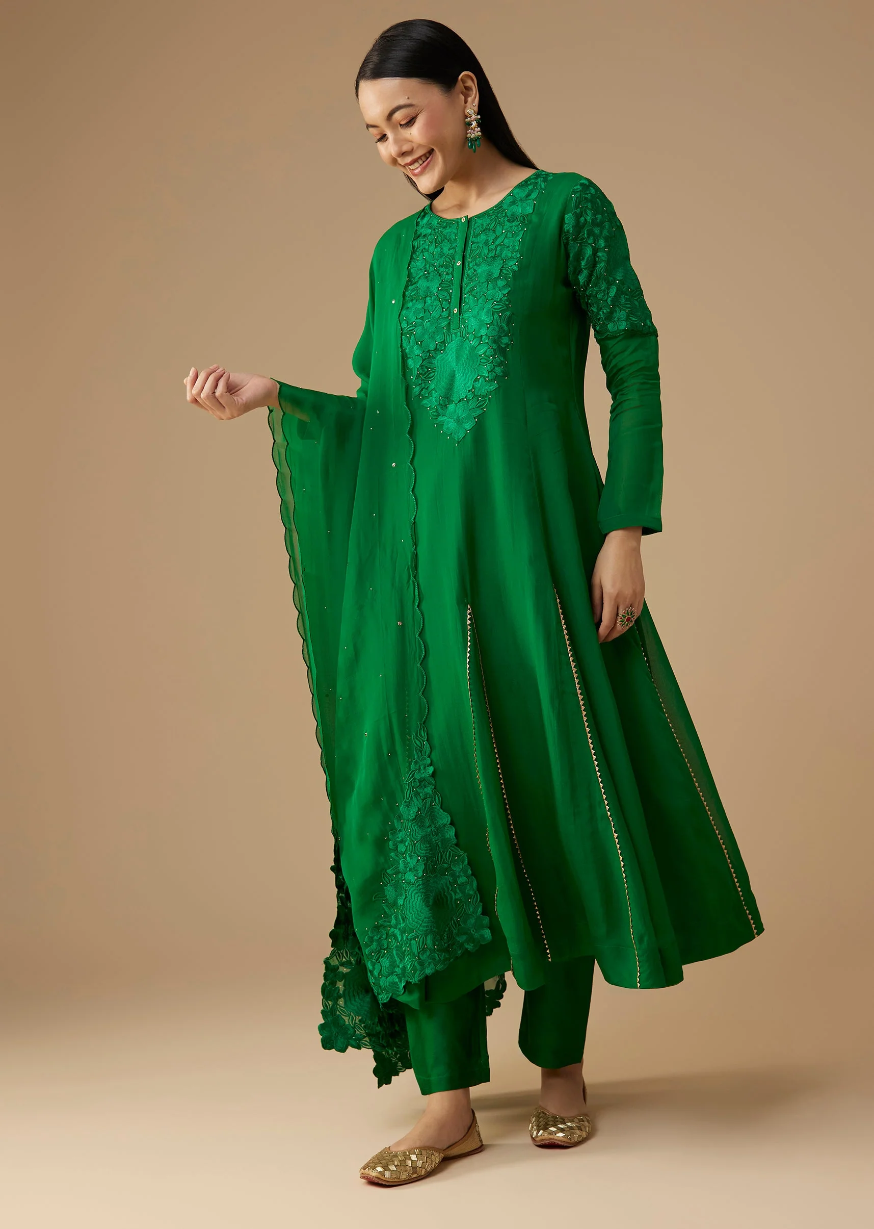 Green Mukaish Work Anarkali Set - Image 3