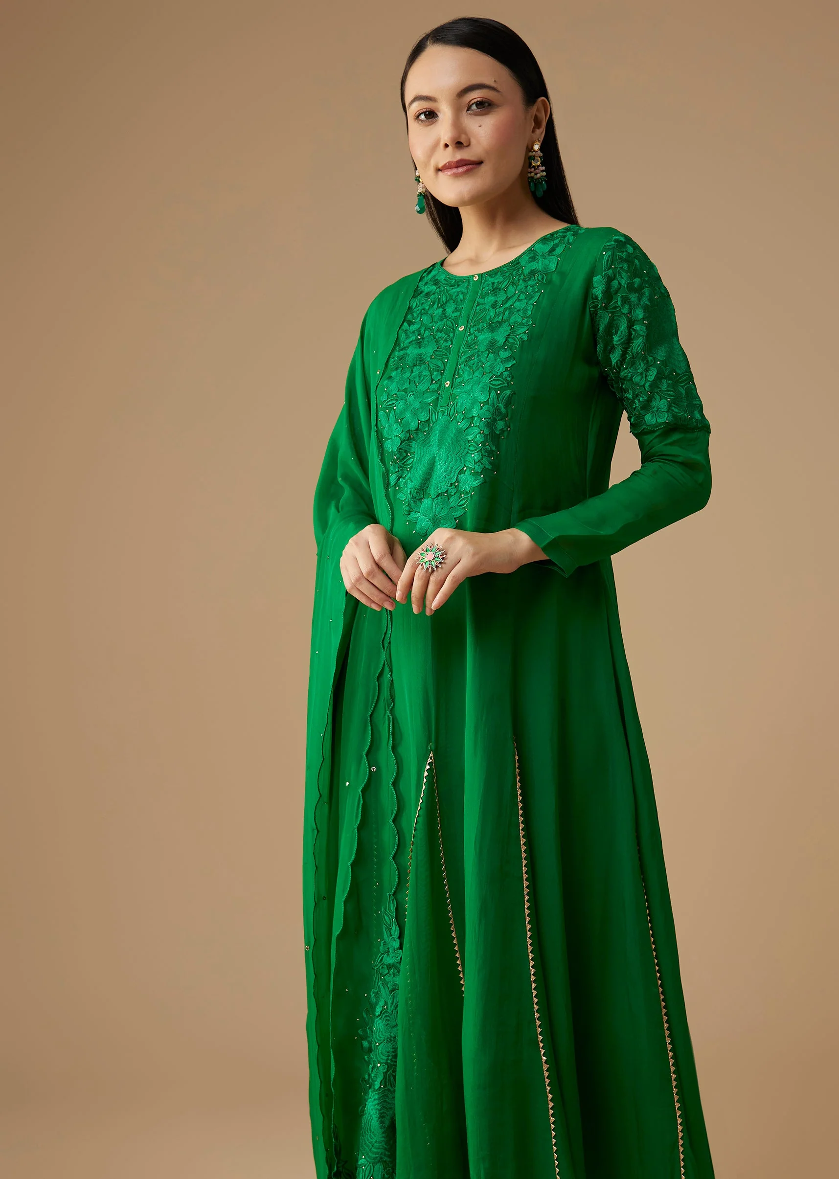 Green Mukaish Work Anarkali Set - Image 4