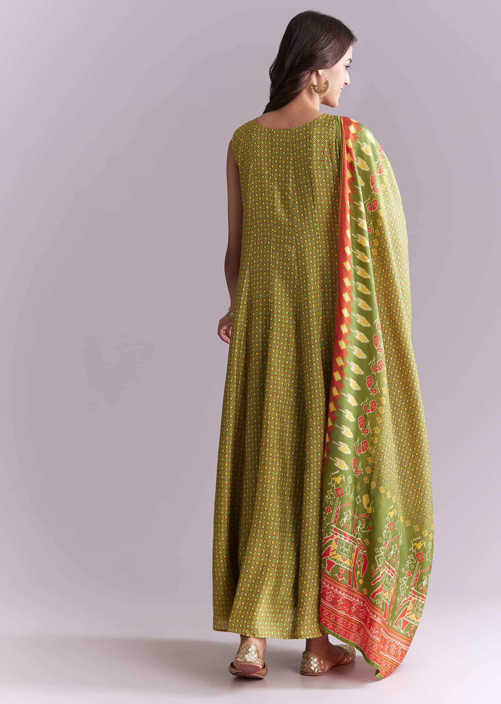 Green Muslin Anarkali Suit With Patola Style Print - Image 5
