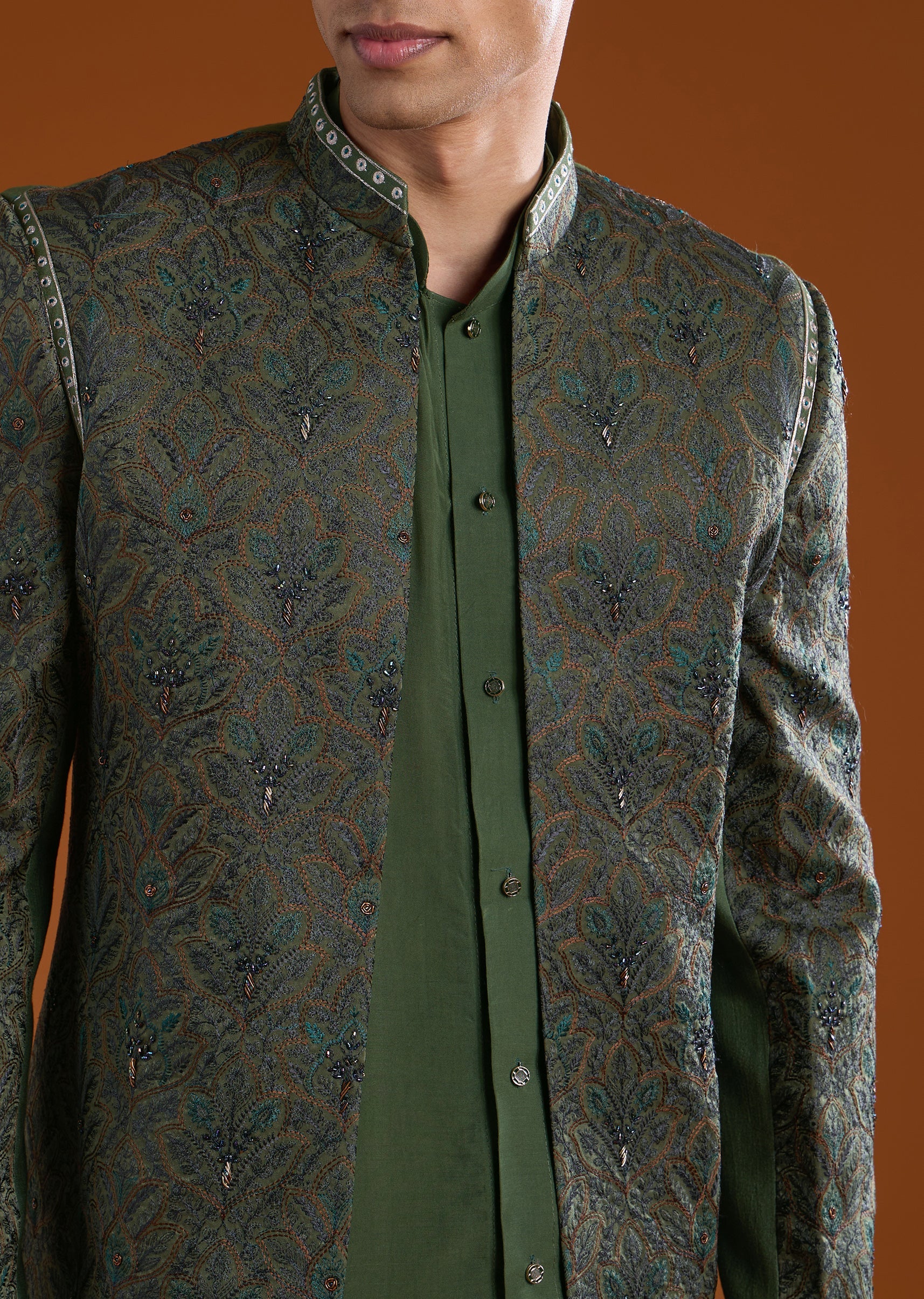 Green Muslin Jacket Kurta Set with Thread Work - Image 2