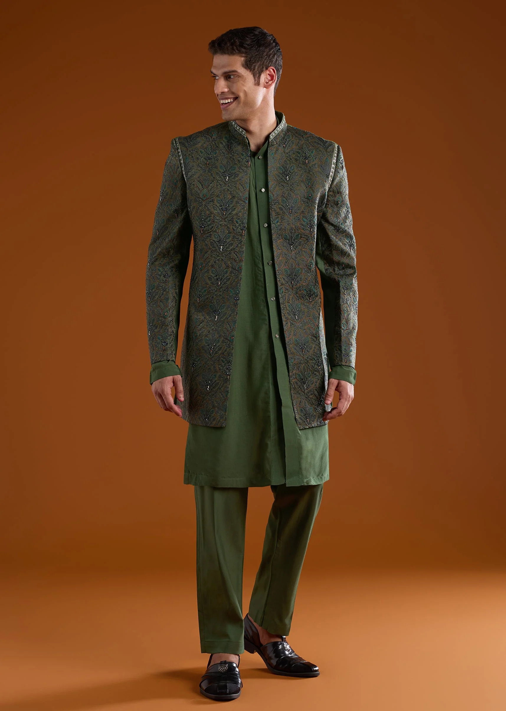 Green Muslin Jacket Kurta Set with Thread Work - Image 3
