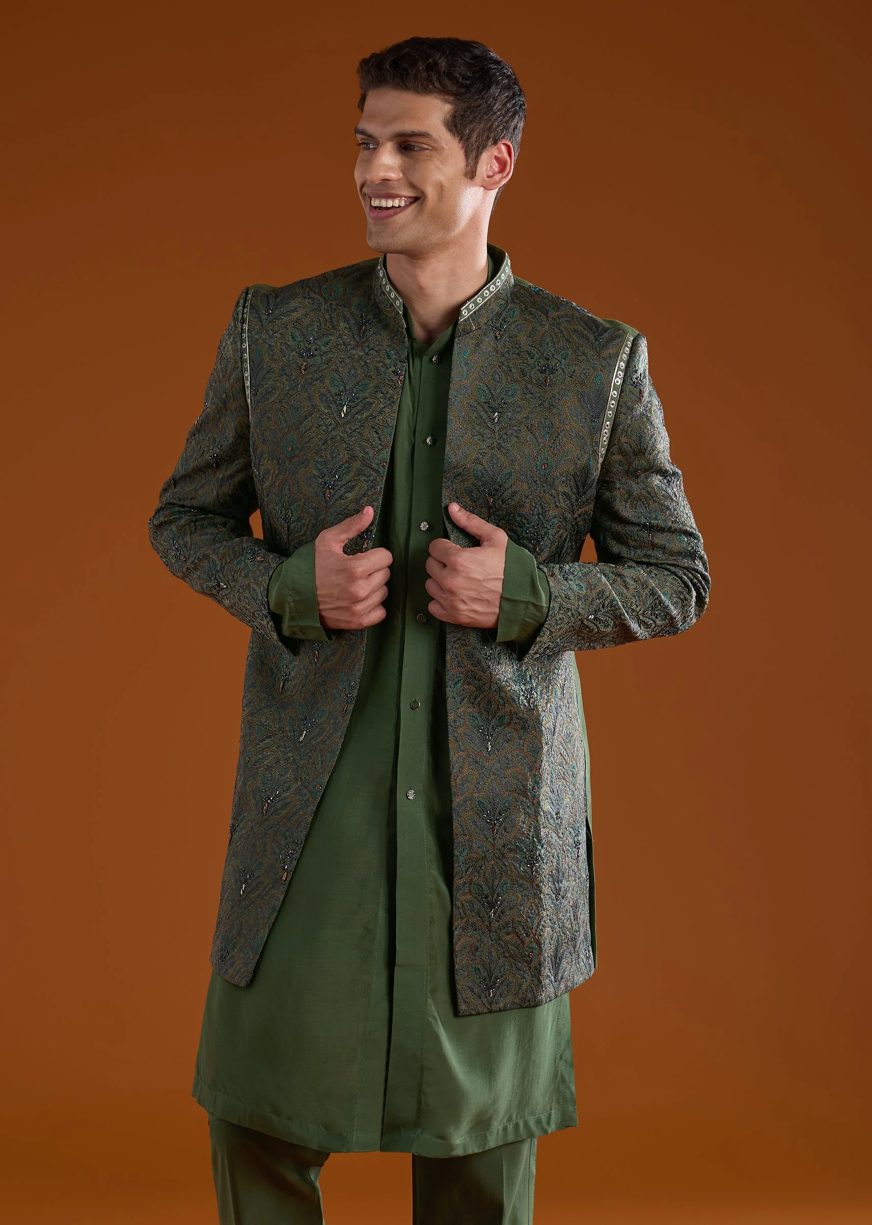 Green Muslin Jacket Kurta Set with Thread Work - Image 4