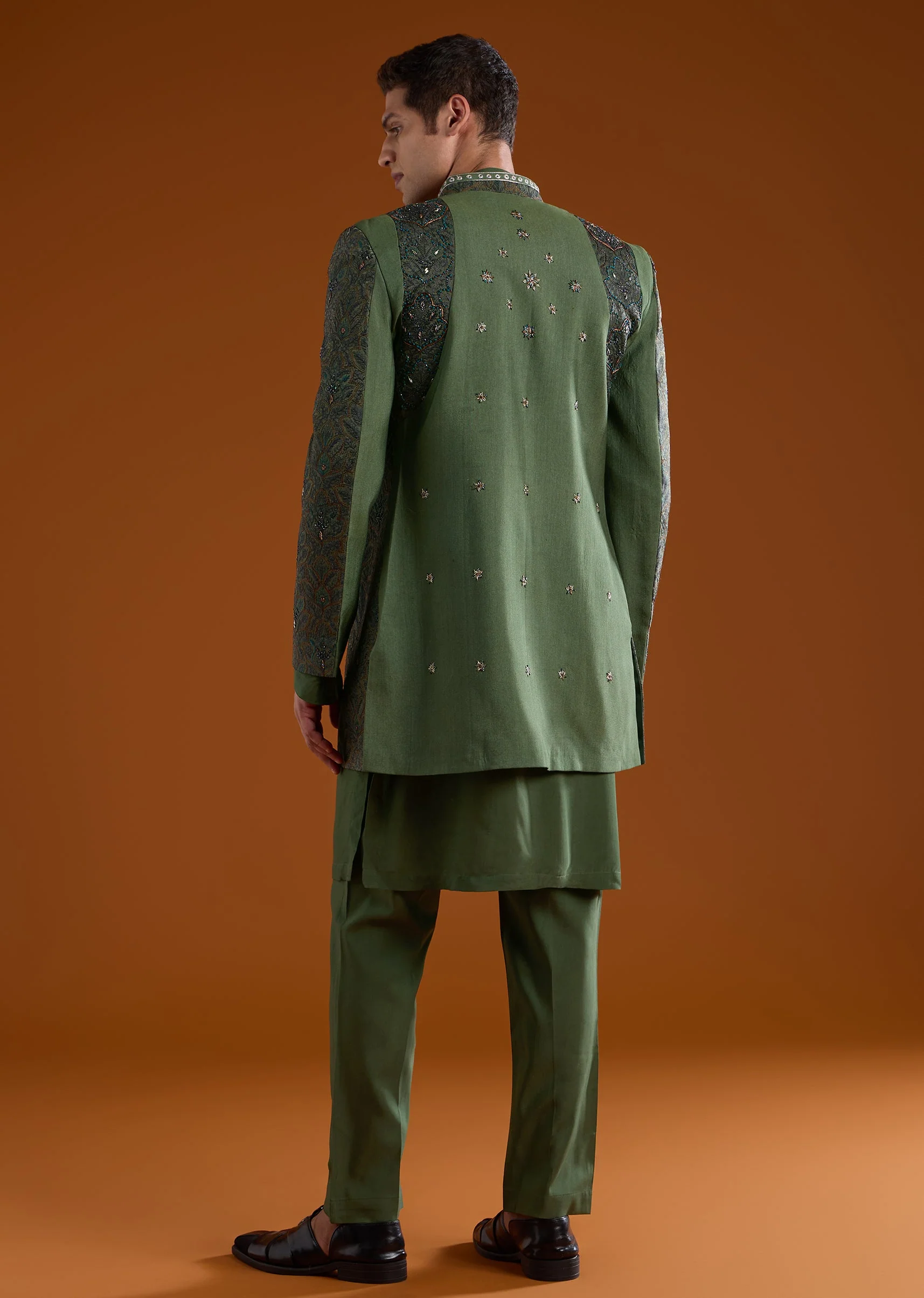 Green Muslin Jacket Kurta Set with Thread Work - Image 5