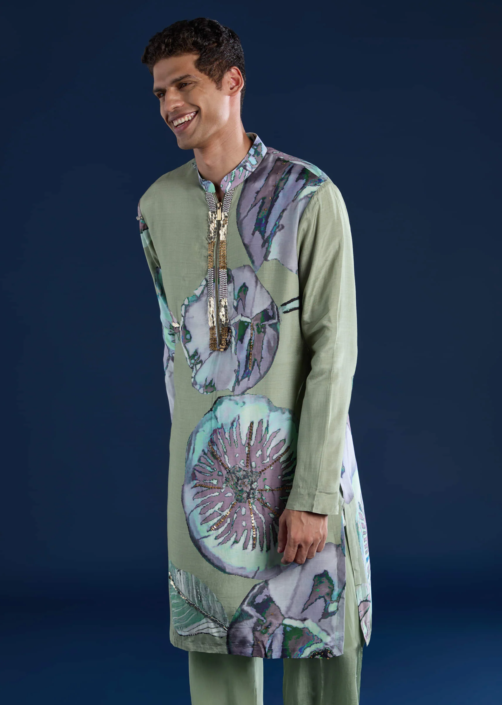 Green Muslin Sequin Work Mens Kurta and Pant Set - Image 4