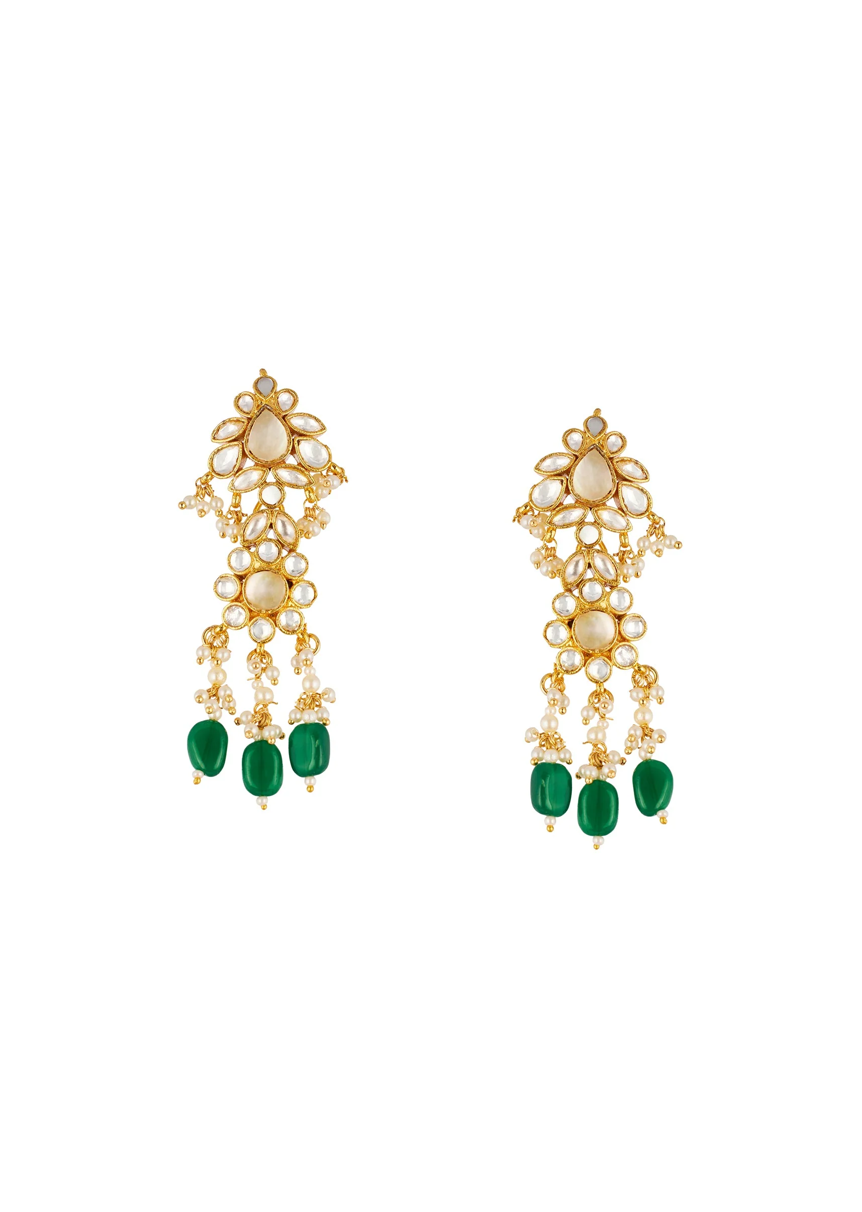 Green Necklace Set in Kundan with Faux Pearl and Emerald Stones - Image 3