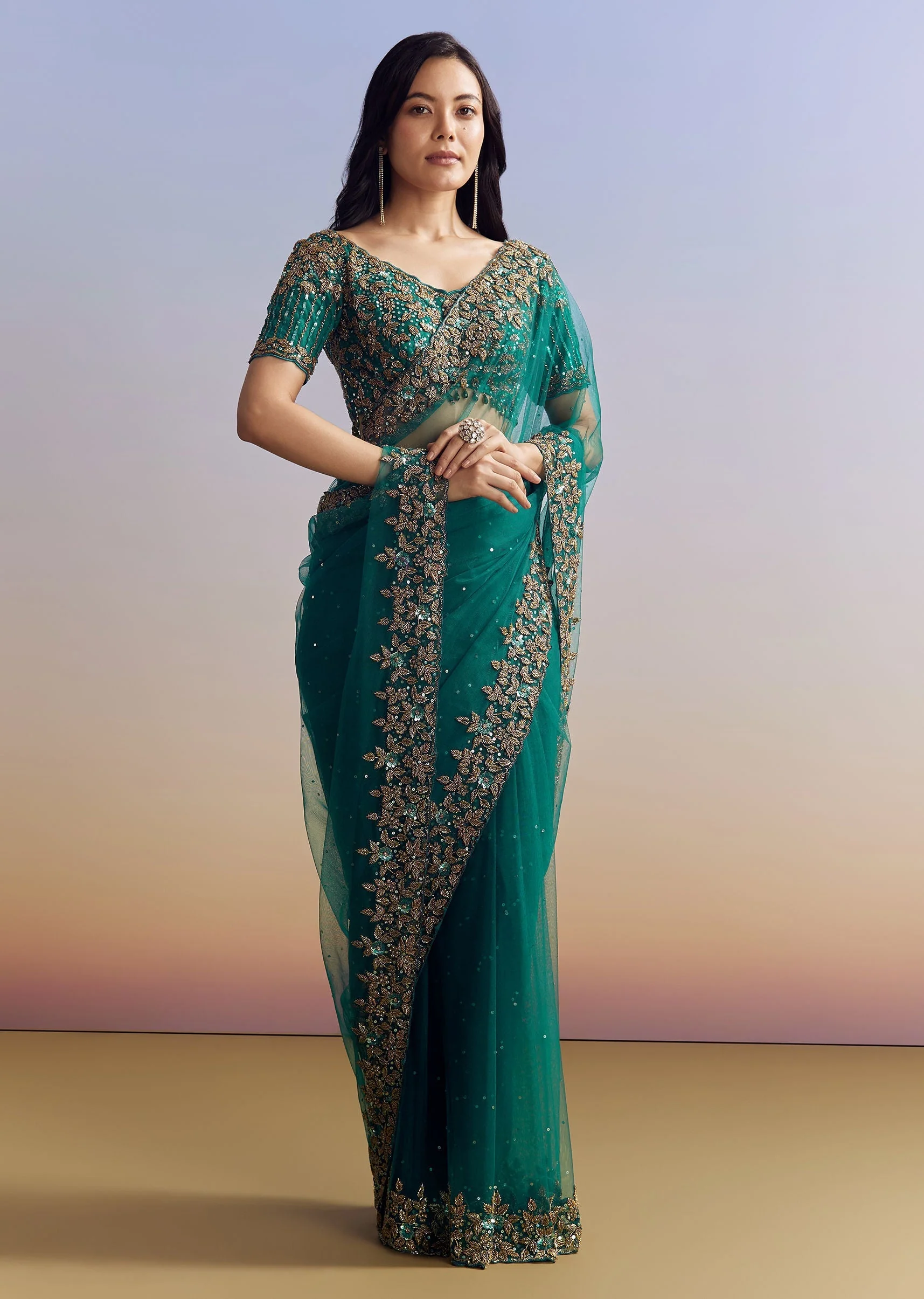 Green Net Saree Featuring Heavy Embroidered Border - Image 5