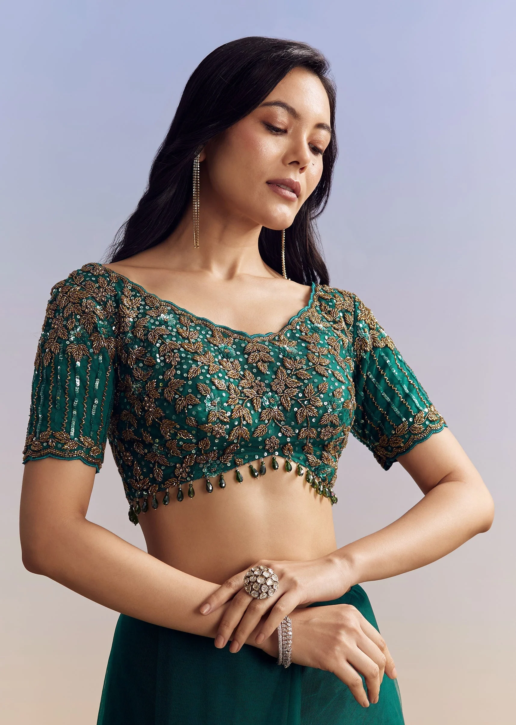 Green Net Saree Featuring Heavy Embroidered Border - Image 7