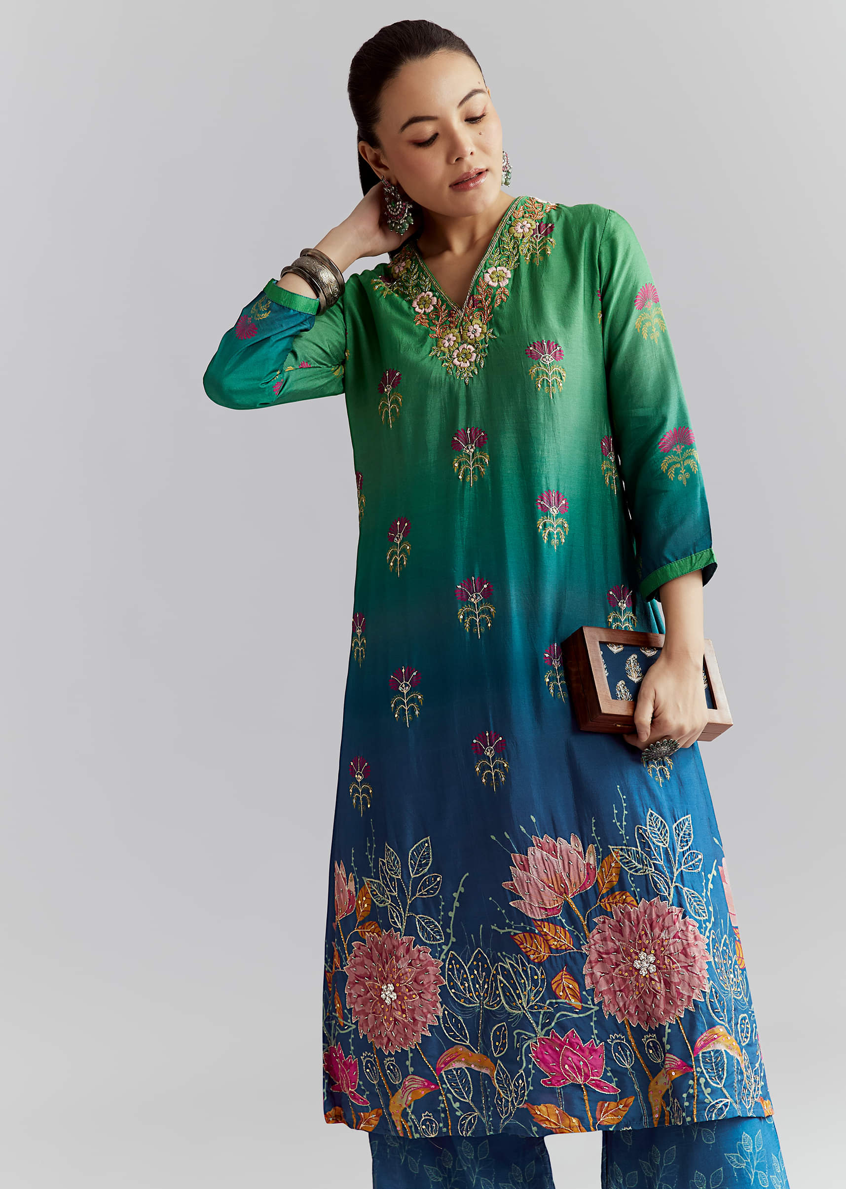 Green Ombre Crepe Palazzo Suit With Floral Print - Image 2