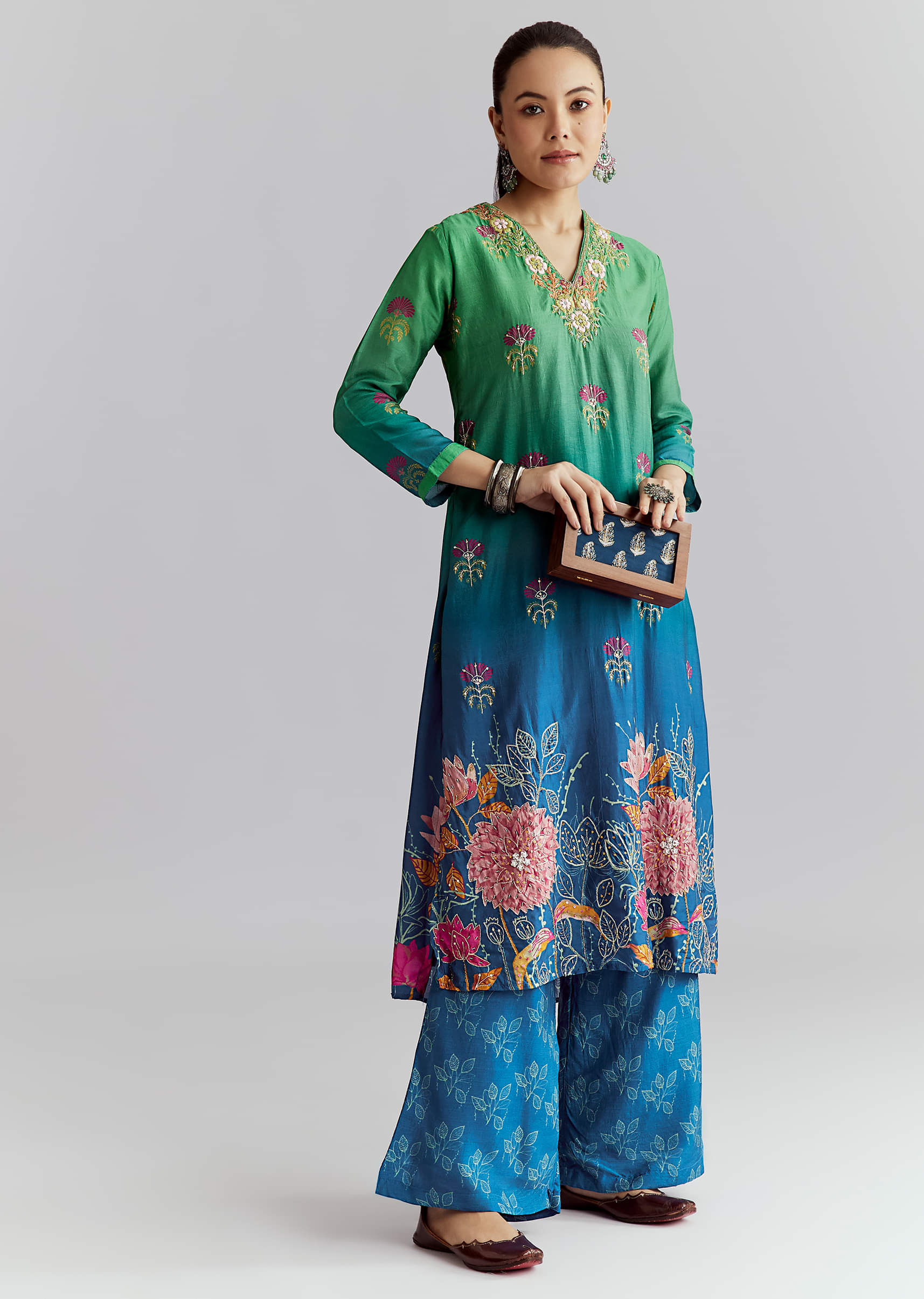Green Ombre Crepe Palazzo Suit With Floral Print - Image 3