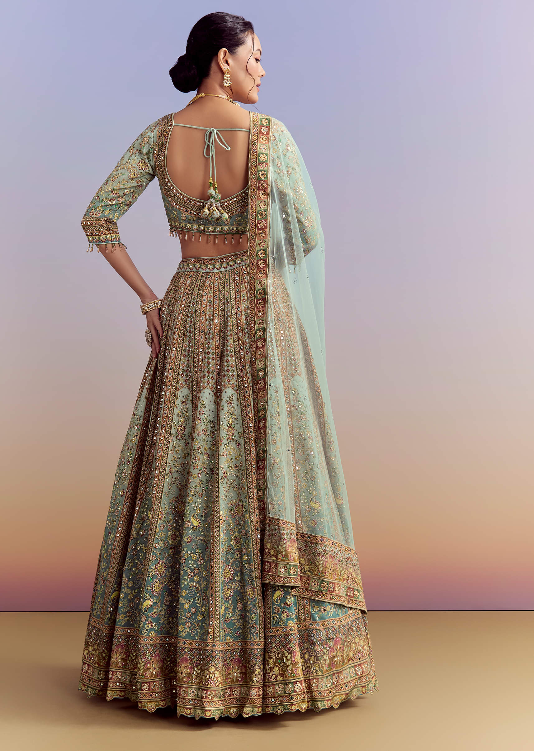 Green Ombre Crepe Printed Bridesmaid Lehenga With Heavy Hand Embroidery - Image 2