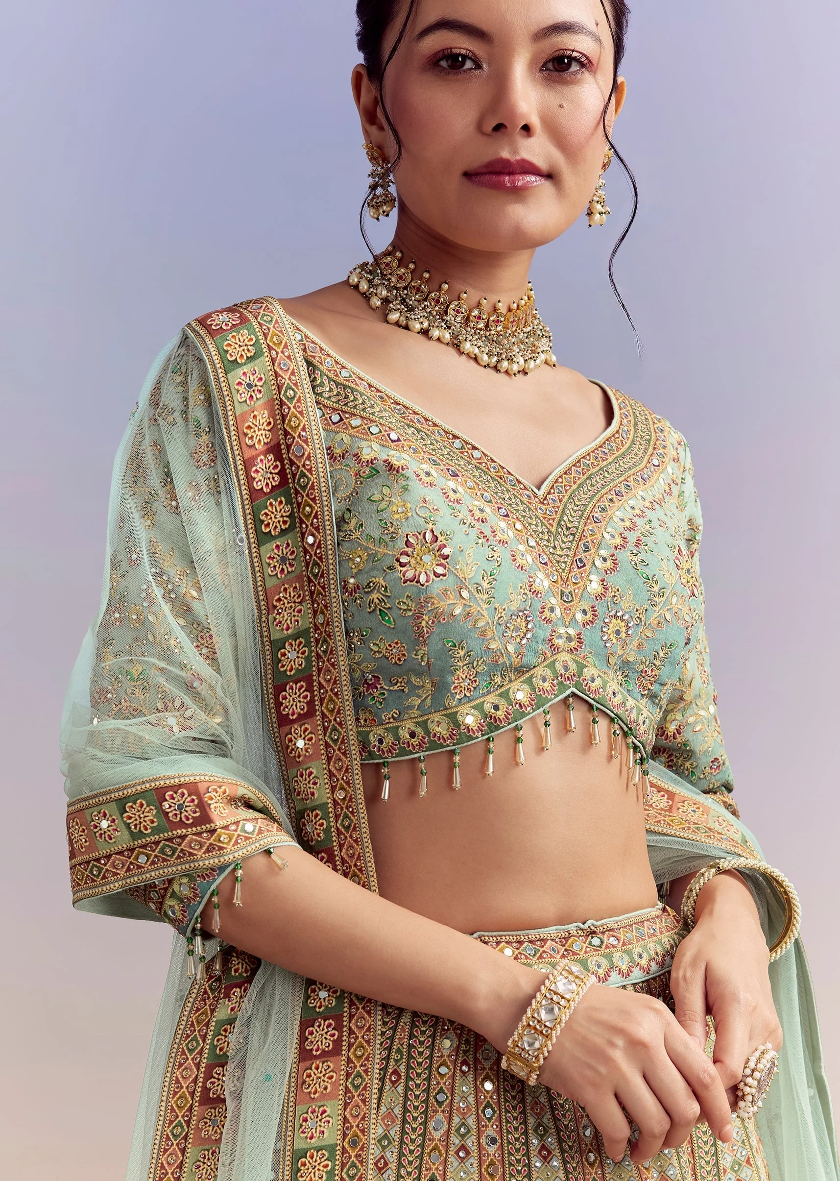 Green Ombre Crepe Printed Bridesmaid Lehenga With Heavy Hand Embroidery - Image 3