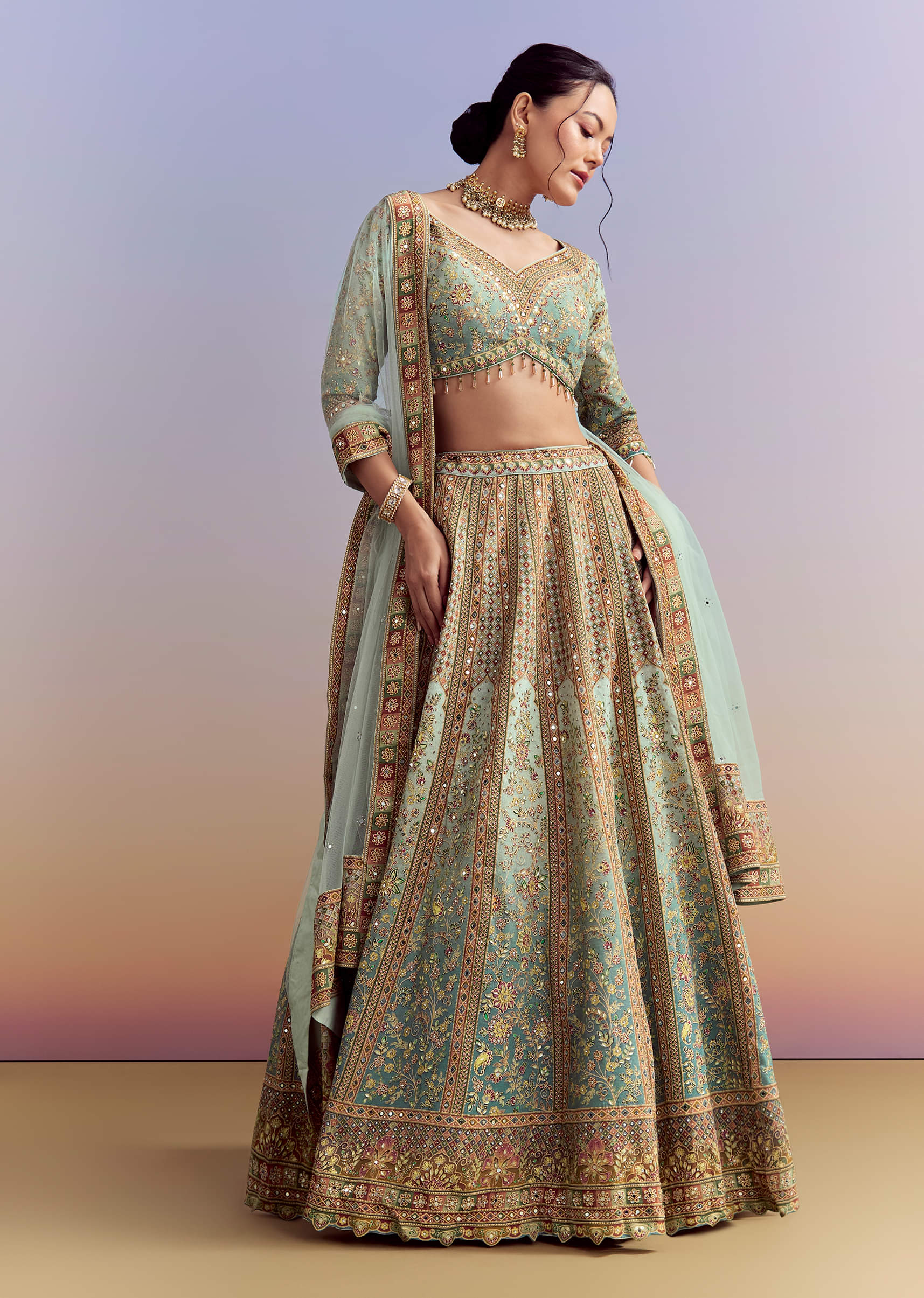 Green Ombre Crepe Printed Bridesmaid Lehenga With Heavy Hand Embroidery - Image 4