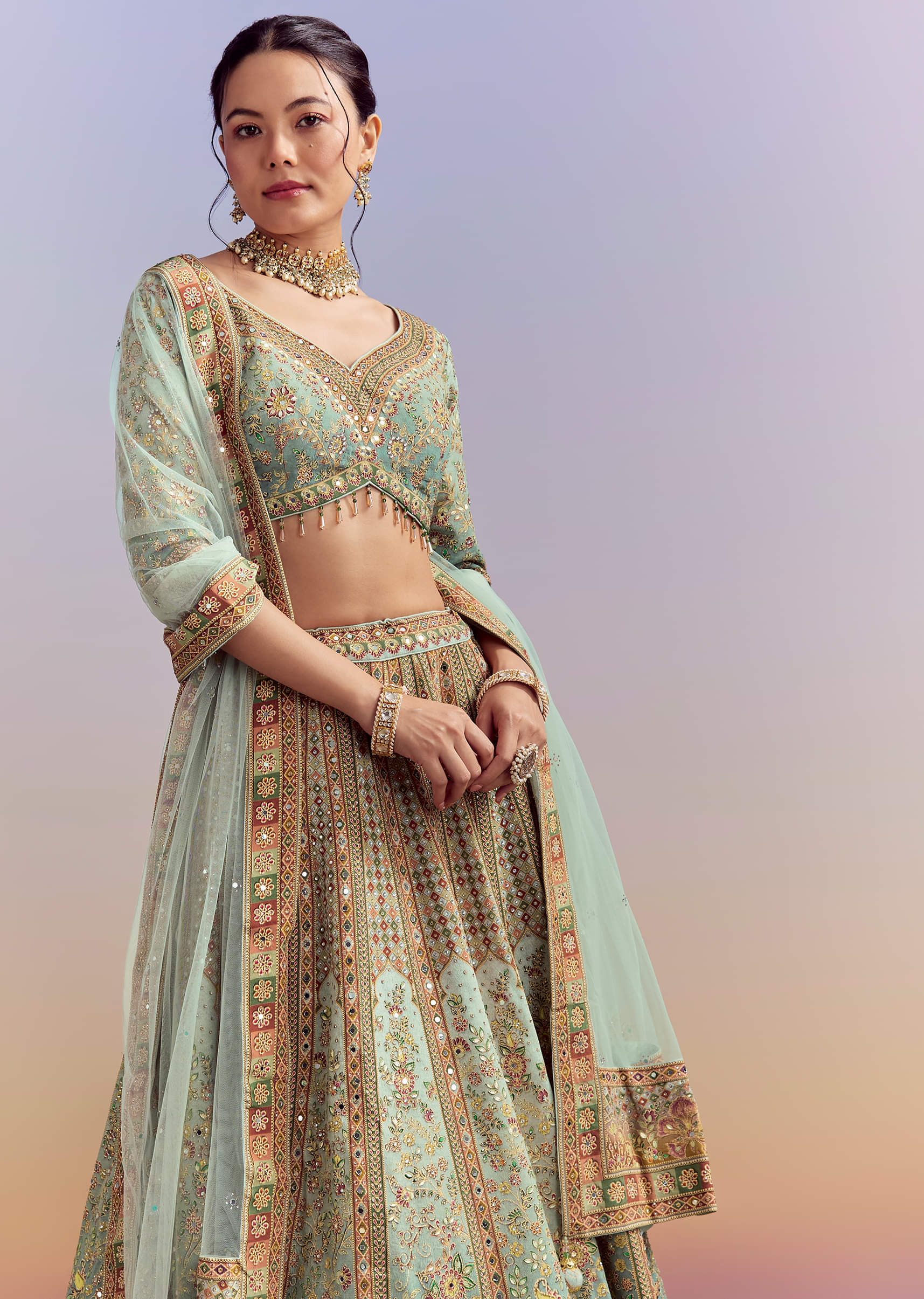 Green Ombre Crepe Printed Bridesmaid Lehenga With Heavy Hand Embroidery - Image 5