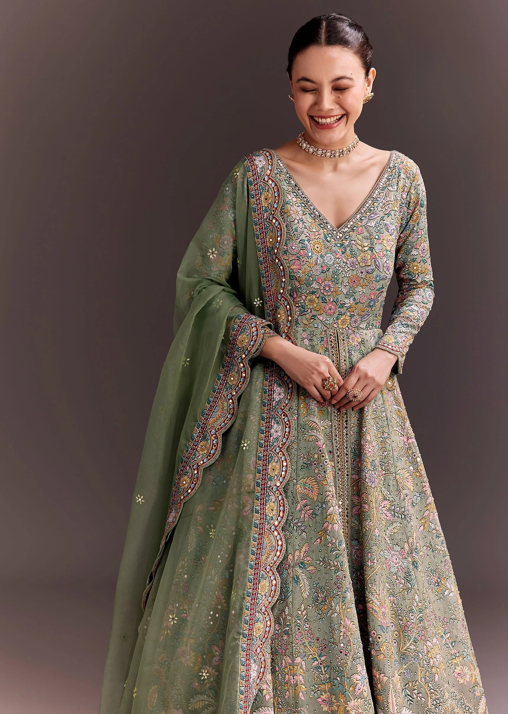 Green Ombre Embroidered Anarkali With Organza Dupatta - Image 2