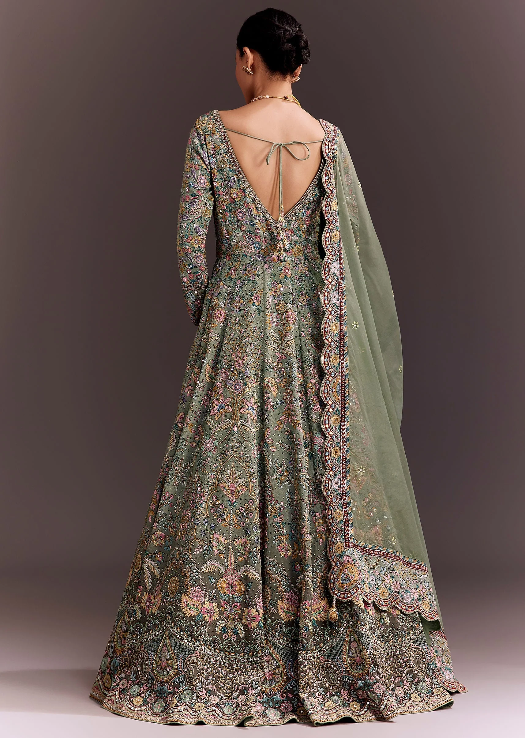 Green Ombre Embroidered Anarkali With Organza Dupatta - Image 5