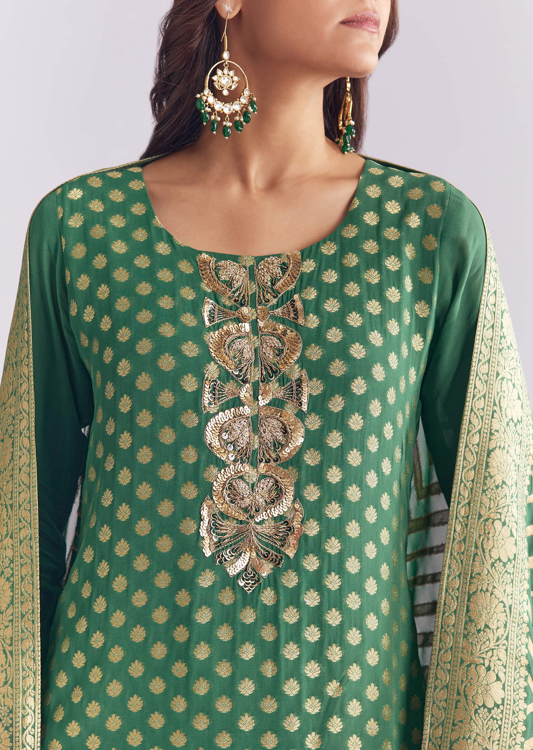 Green Ombre Georgette Kurta Set With Banarasi Weave - Image 2
