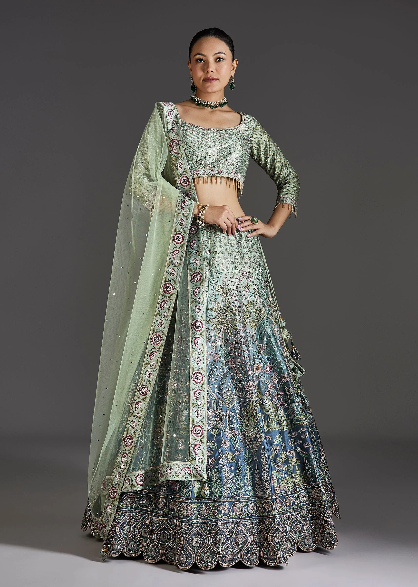 Green Ombre Lehenga With Gota Lace Finish