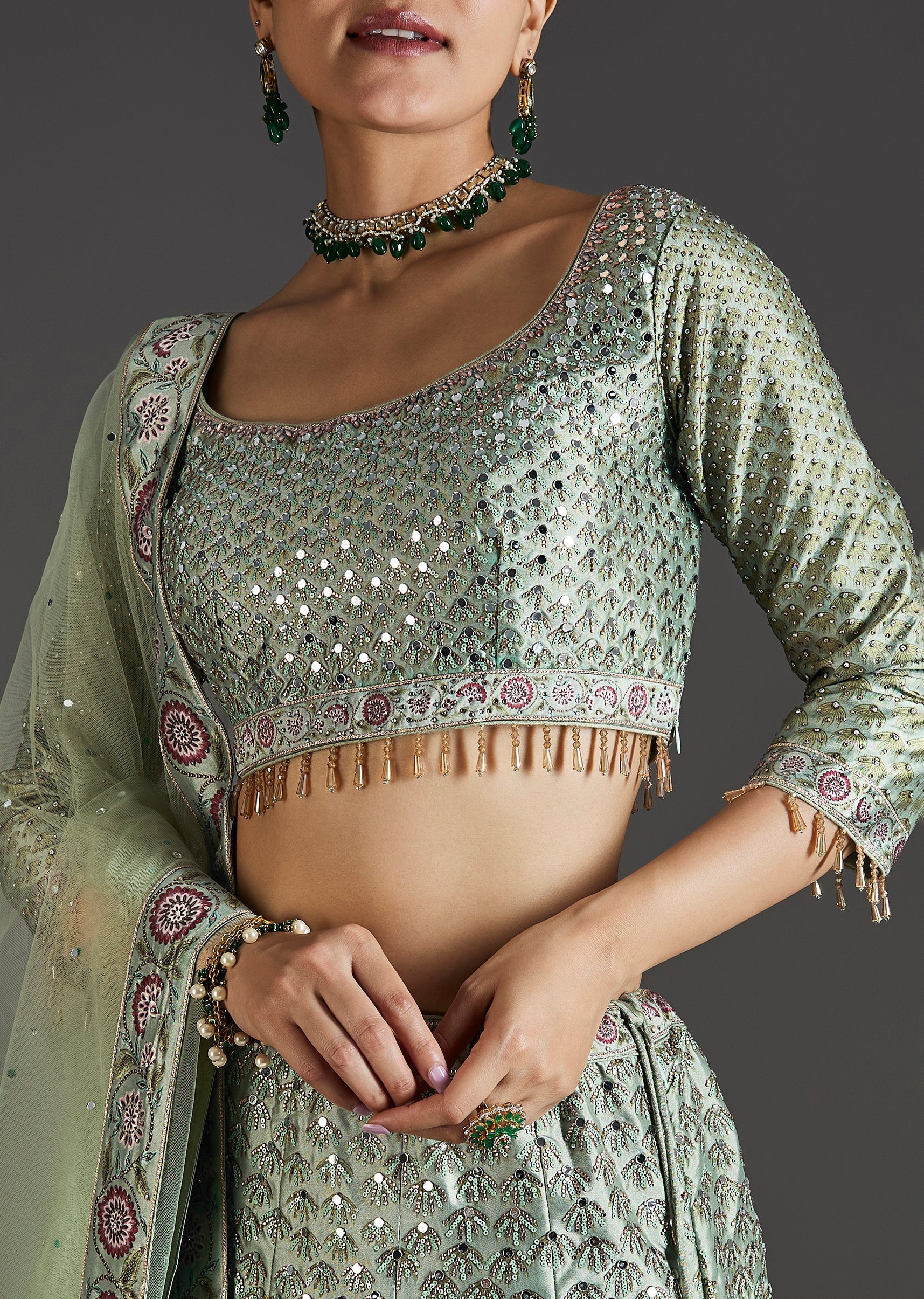Green Ombre Lehenga With Gota Lace Finish - Image 3