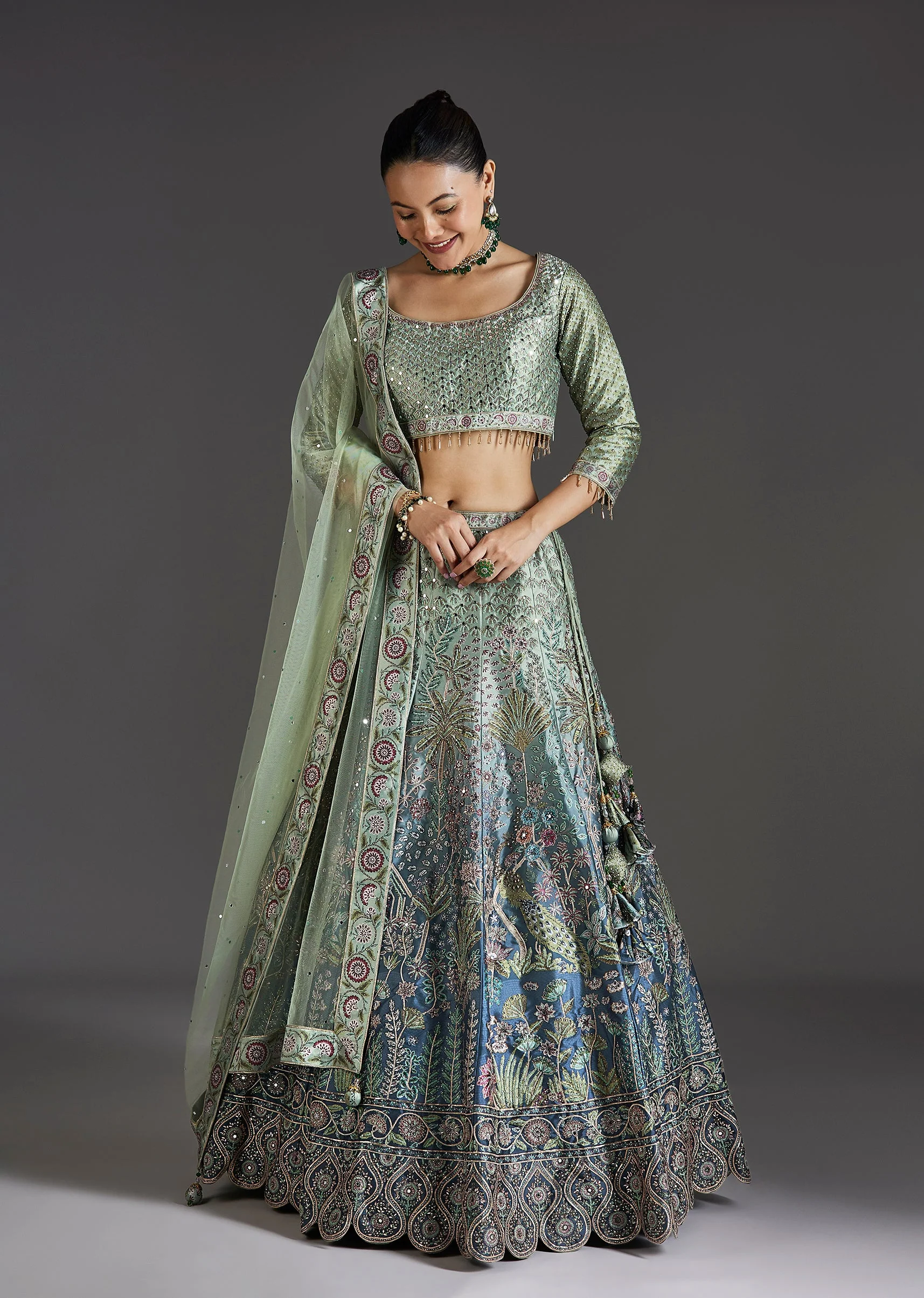 Green Ombre Lehenga With Gota Lace Finish - Image 4