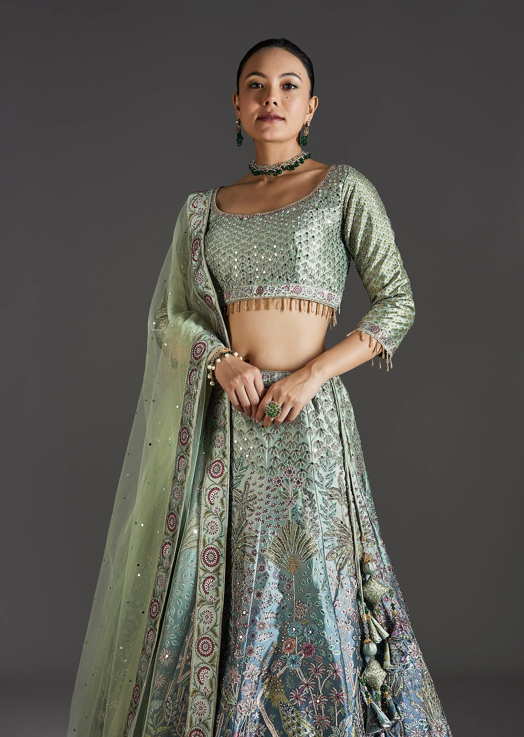 Green Ombre Lehenga With Gota Lace Finish - Image 5