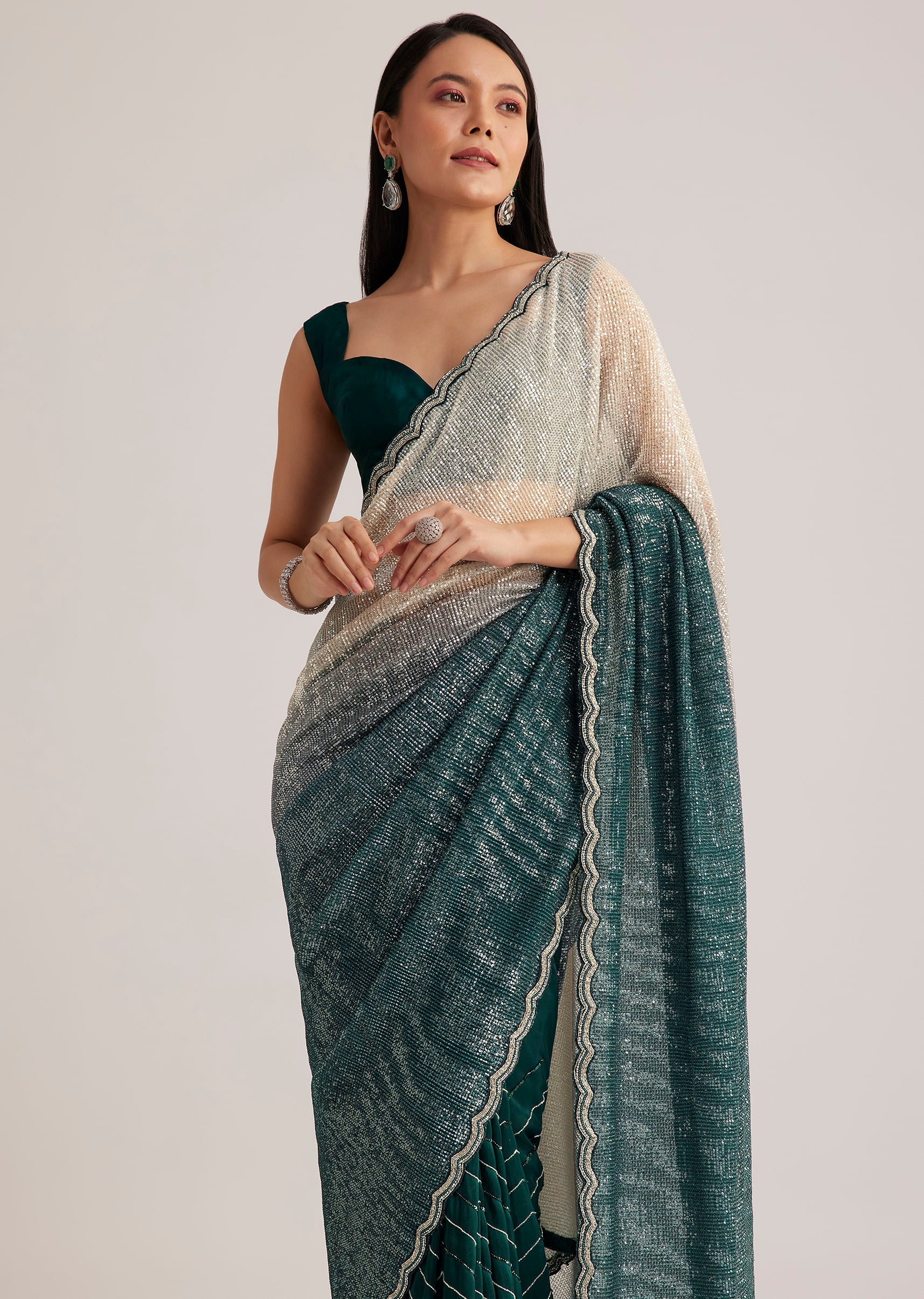 Green Ombre Saree With Sequins And Scallop Embroidery - Image 2