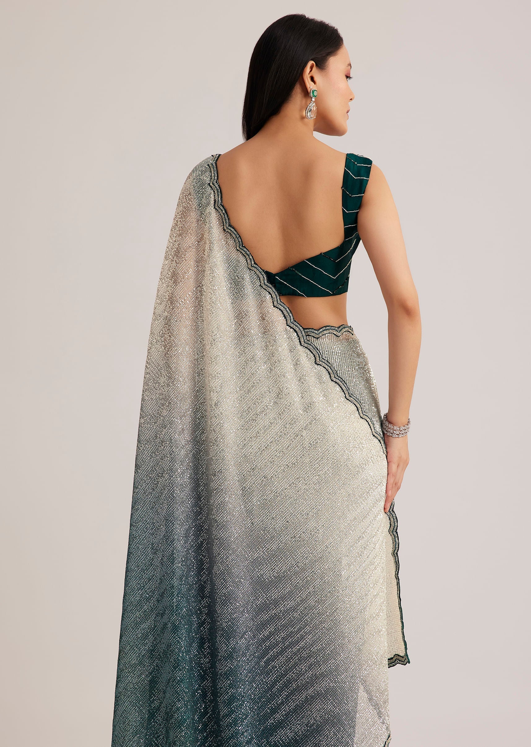Green Ombre Saree With Sequins And Scallop Embroidery - Image 6