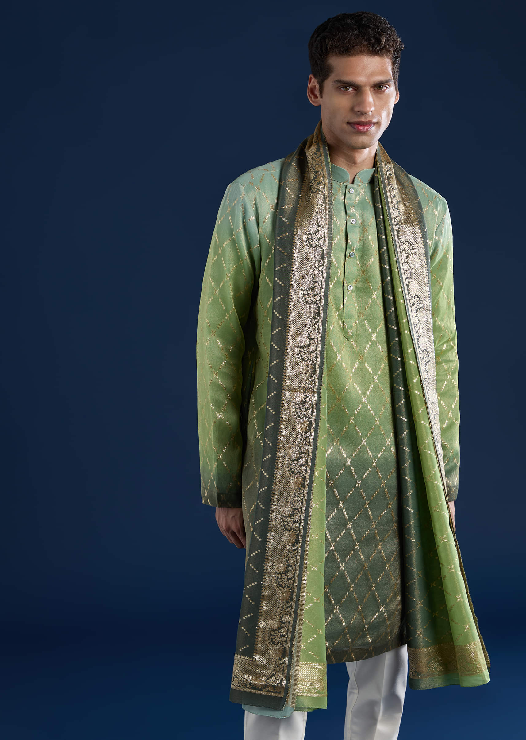 Green Ombre Silk Kurta Set with Dupatta - Image 2