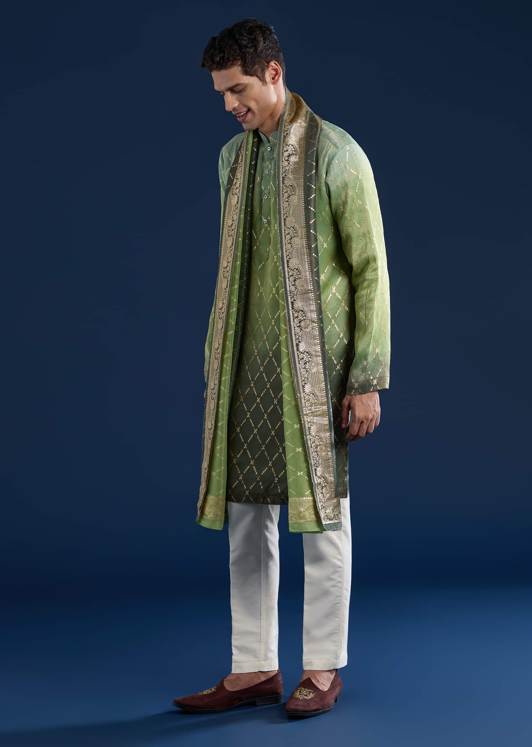 Green Ombre Silk Kurta Set with Dupatta - Image 3