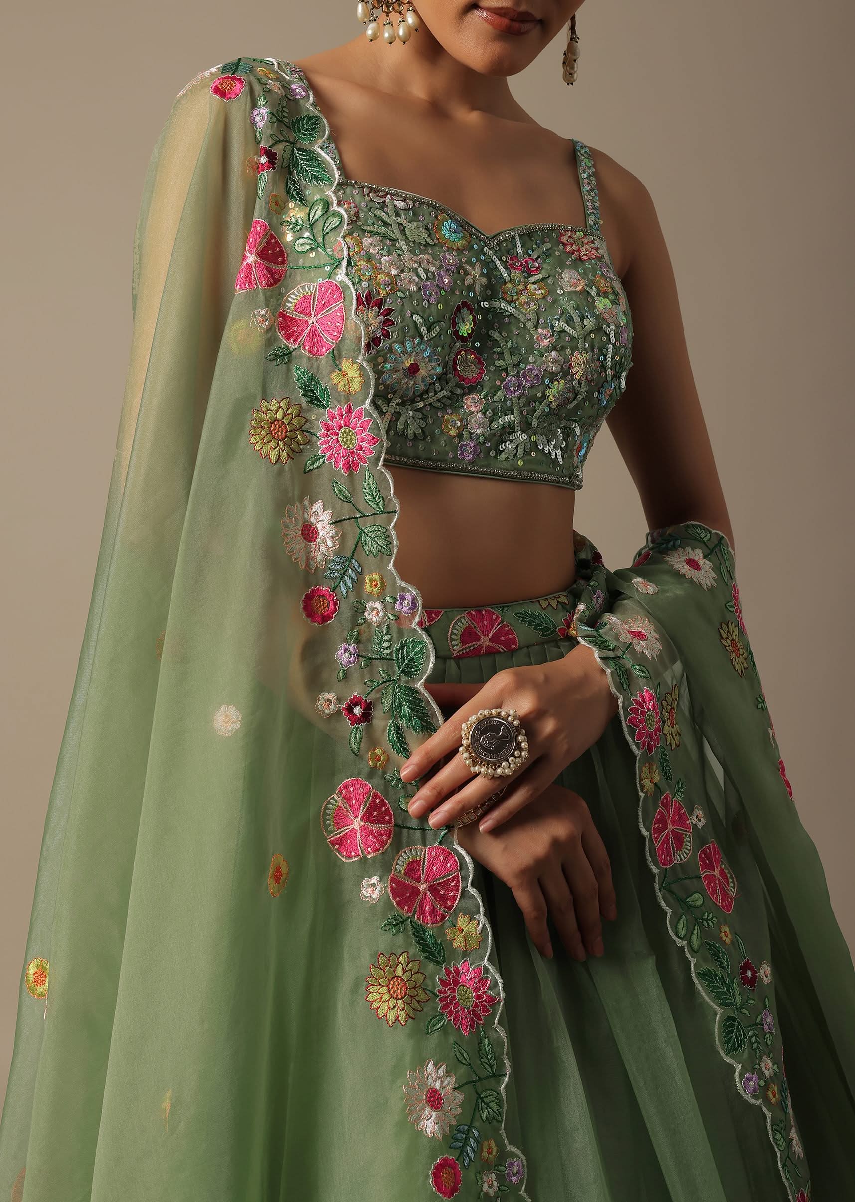 Green Organza Embroidered Lehenga Set With Floral Motifs - Image 2