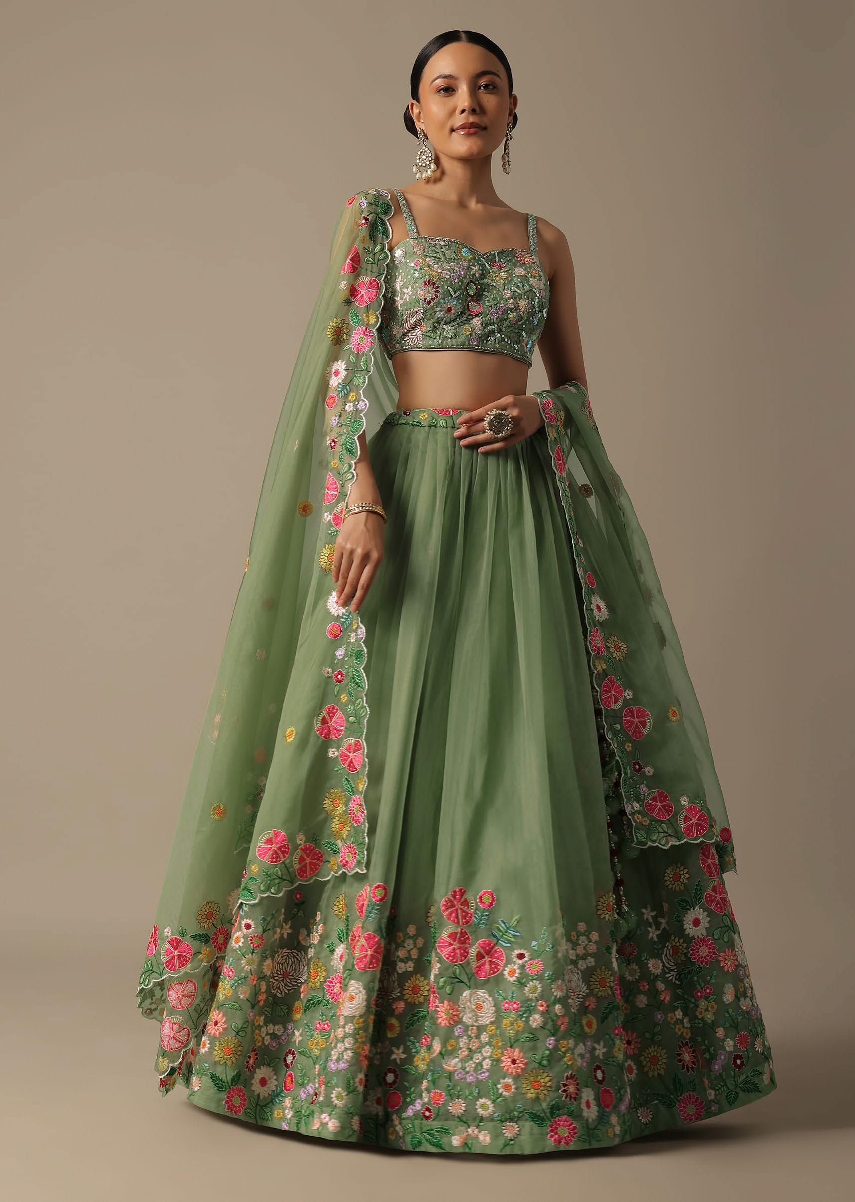 Green Organza Embroidered Lehenga Set With Floral Motifs - Image 3