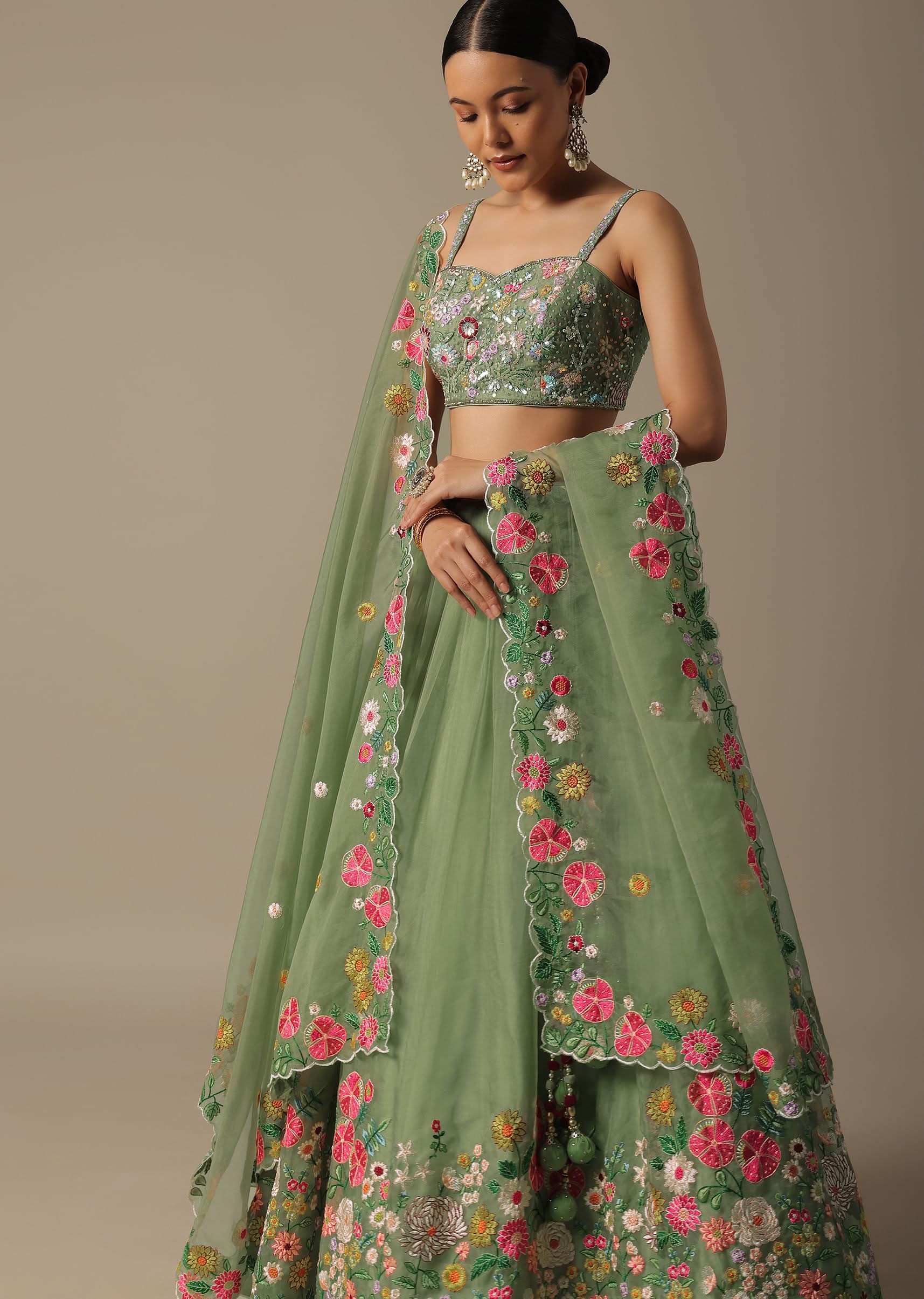 Green Organza Embroidered Lehenga Set With Floral Motifs - Image 4