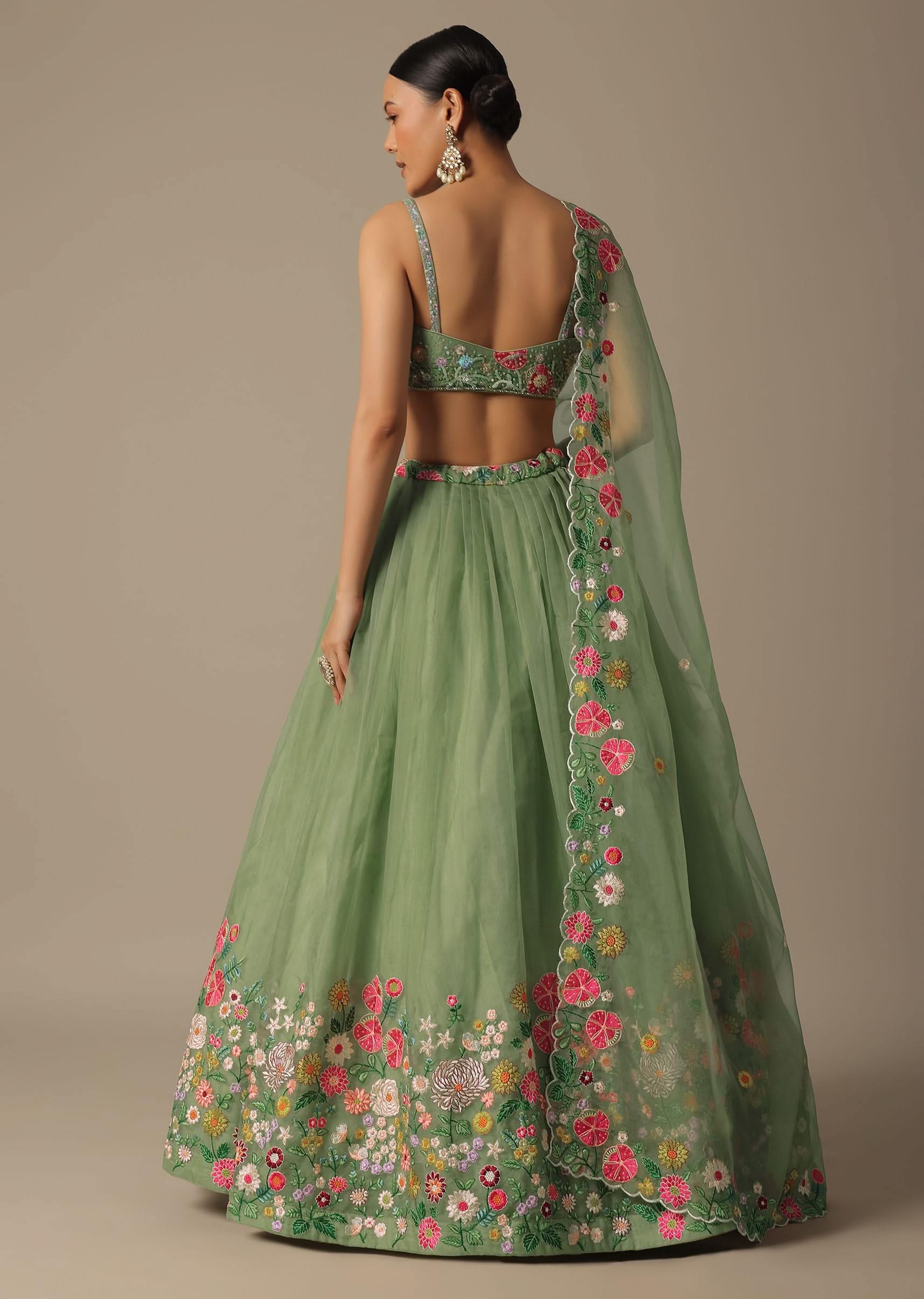 Green Organza Embroidered Lehenga Set With Floral Motifs - Image 5